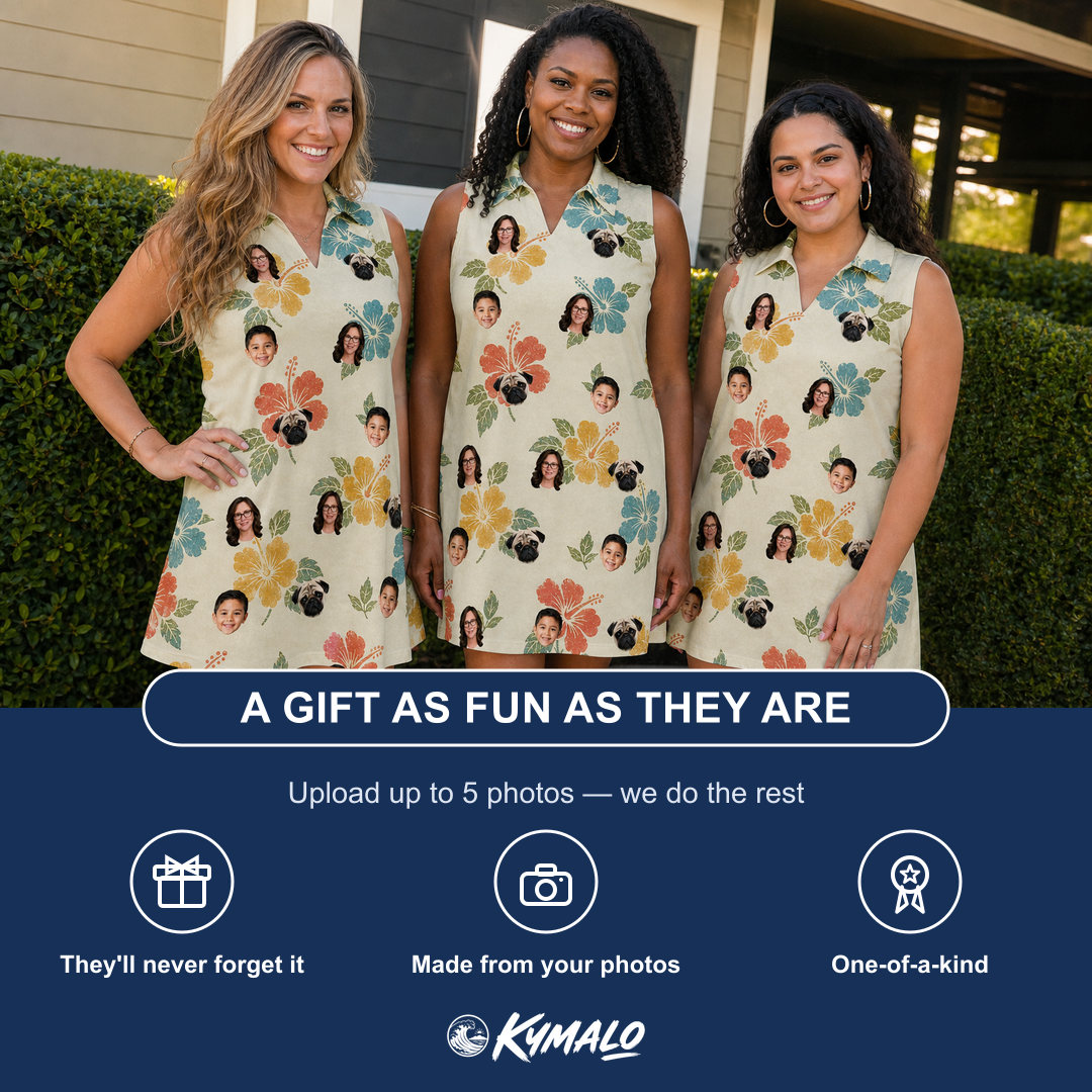 Friends in matching Women's Atomic Atoll Custom Face V-Neck Dress — a group gift photo