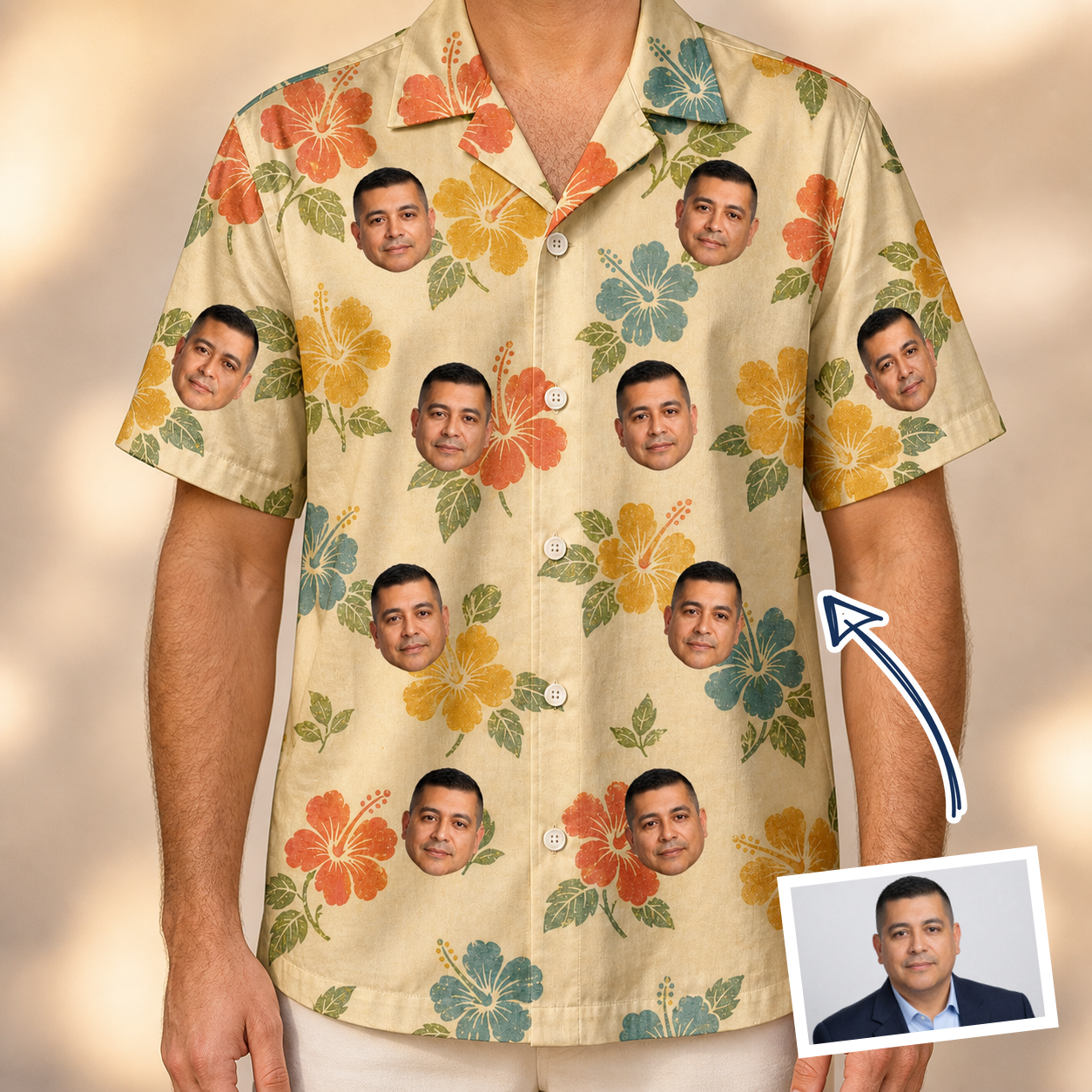Man wearing Men's Atomic Atoll Custom Face Hawaiian Shirt — custom faces printed all-over