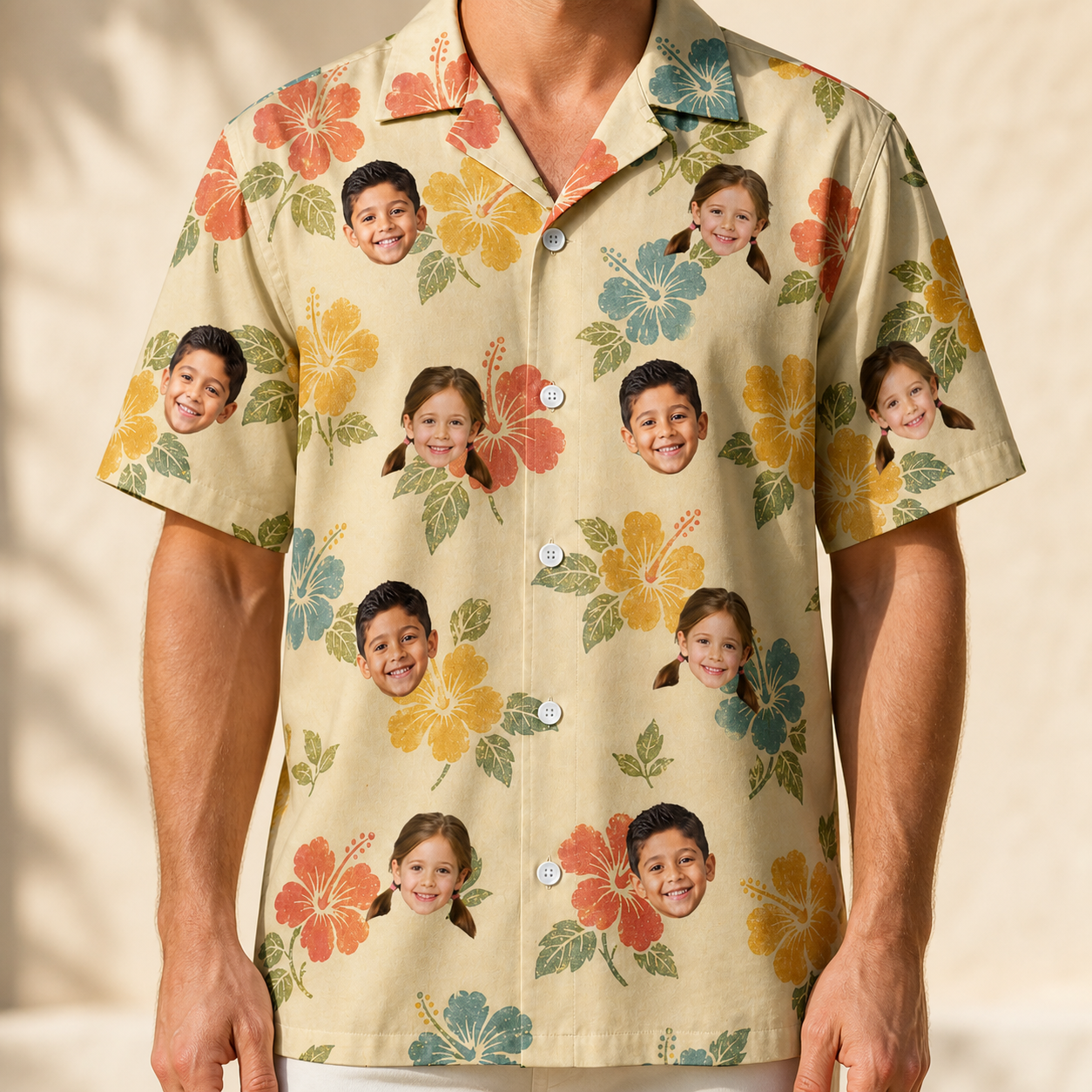 Model wearing Men's Atomic Atoll Custom Face Hawaiian Shirt printed with kids' faces