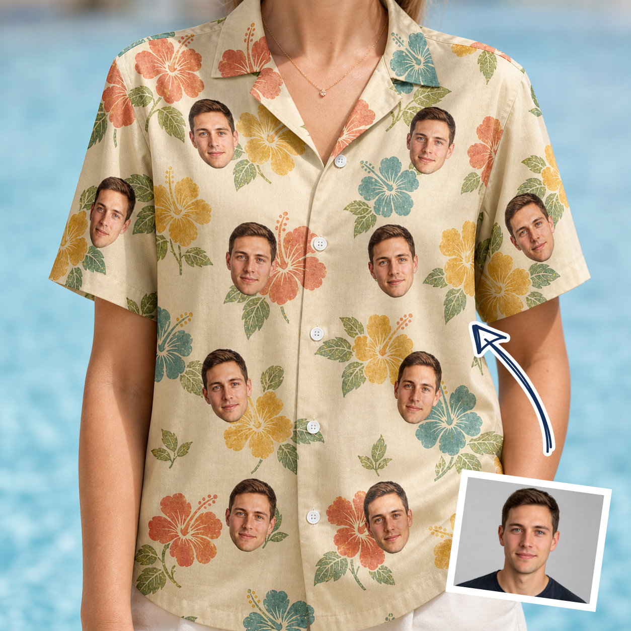 Woman wearing Women's Atomic Atoll Custom Face Hawaiian Shirt — custom faces printed all-over