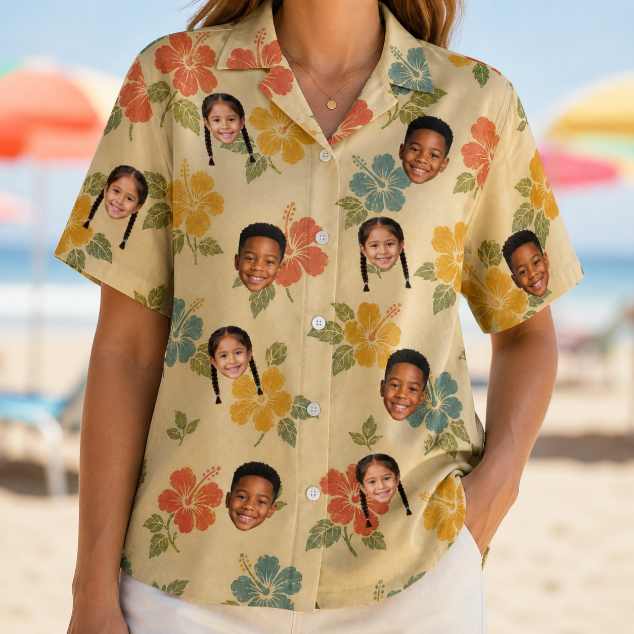 Model wearing Women's Atomic Atoll Custom Face Hawaiian Shirt printed with kids' faces