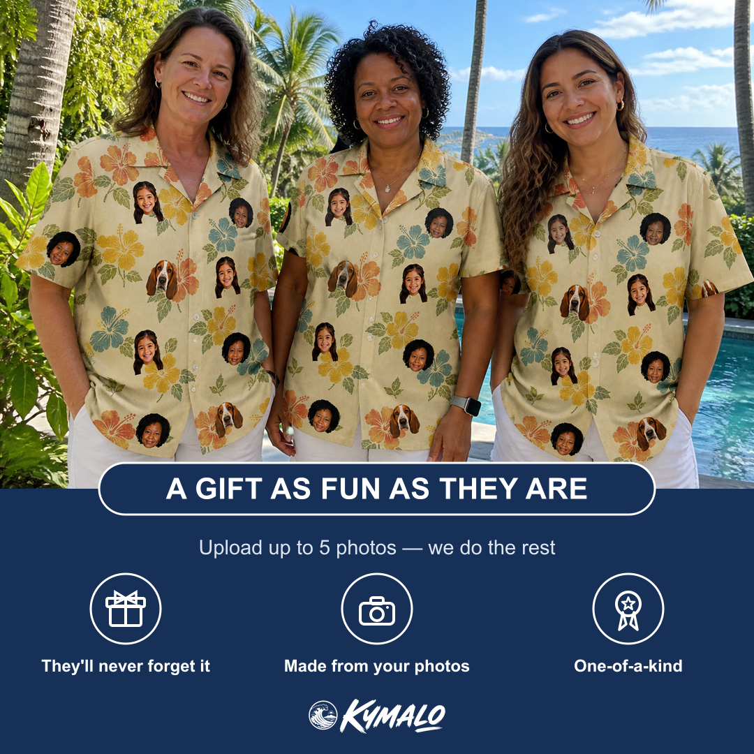 Friends in matching Women's Atomic Atoll Custom Face Hawaiian Shirt — a group gift photo