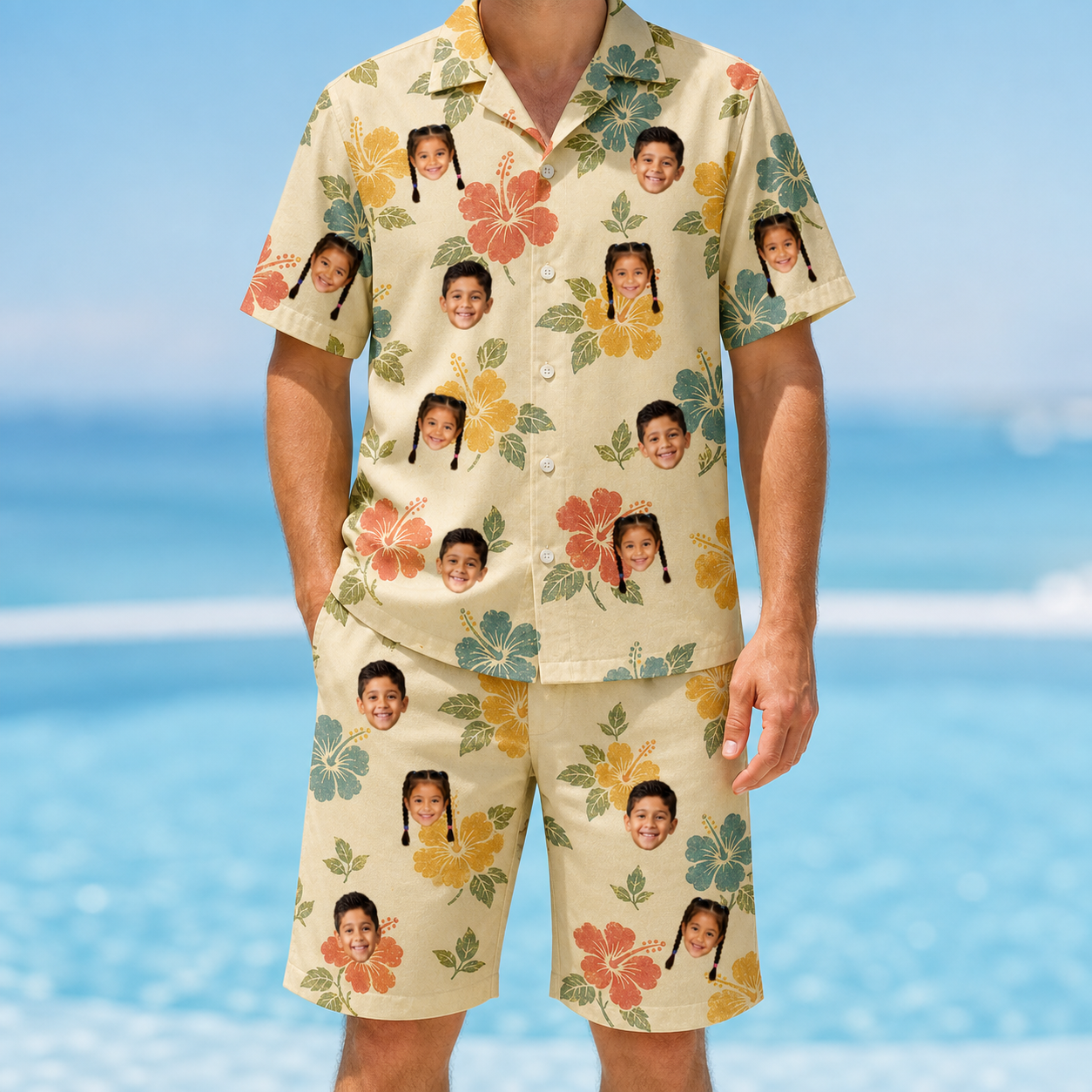 Model wearing Men's Atomic Atoll Custom Face Shirt & Shorts Set printed with kids' faces