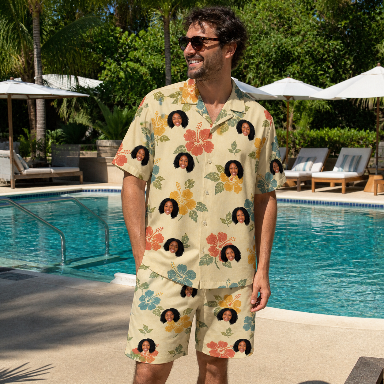 Real-life photo of someone wearing Men's Atomic Atoll Custom Face Shirt & Shorts Set — custom faces printed all-over