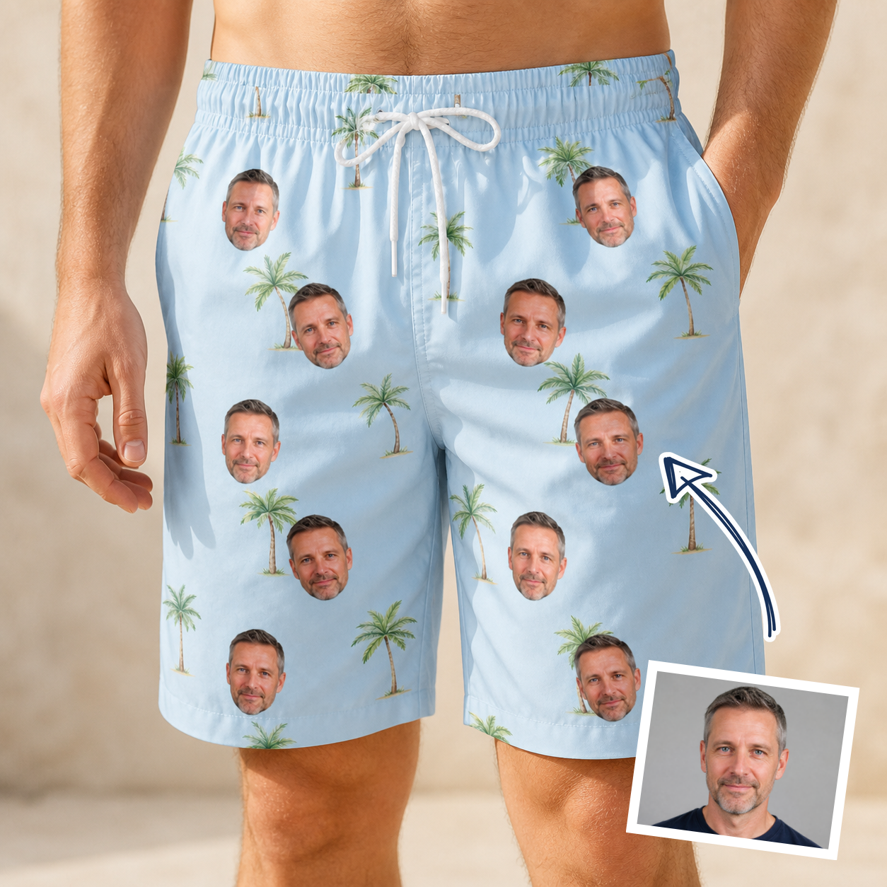 Man wearing Men's Chrome Fronds Custom Face Beach Shorts — custom faces printed all-over