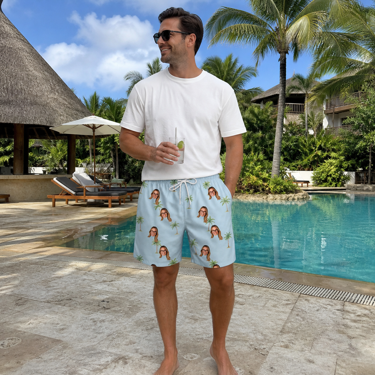Real-life photo of someone wearing Men's Chrome Fronds Custom Face Beach Shorts — custom faces printed all-over