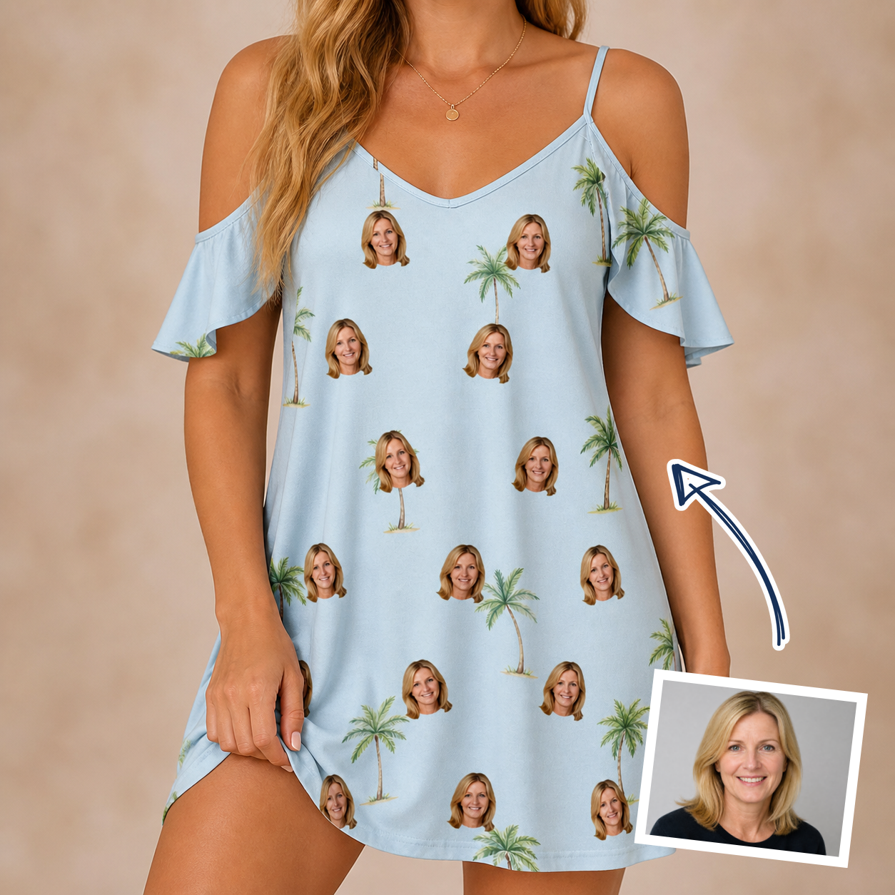 Woman wearing Women's Chrome Fronds Custom Face Off-Shoulder Dress — custom faces printed all-over