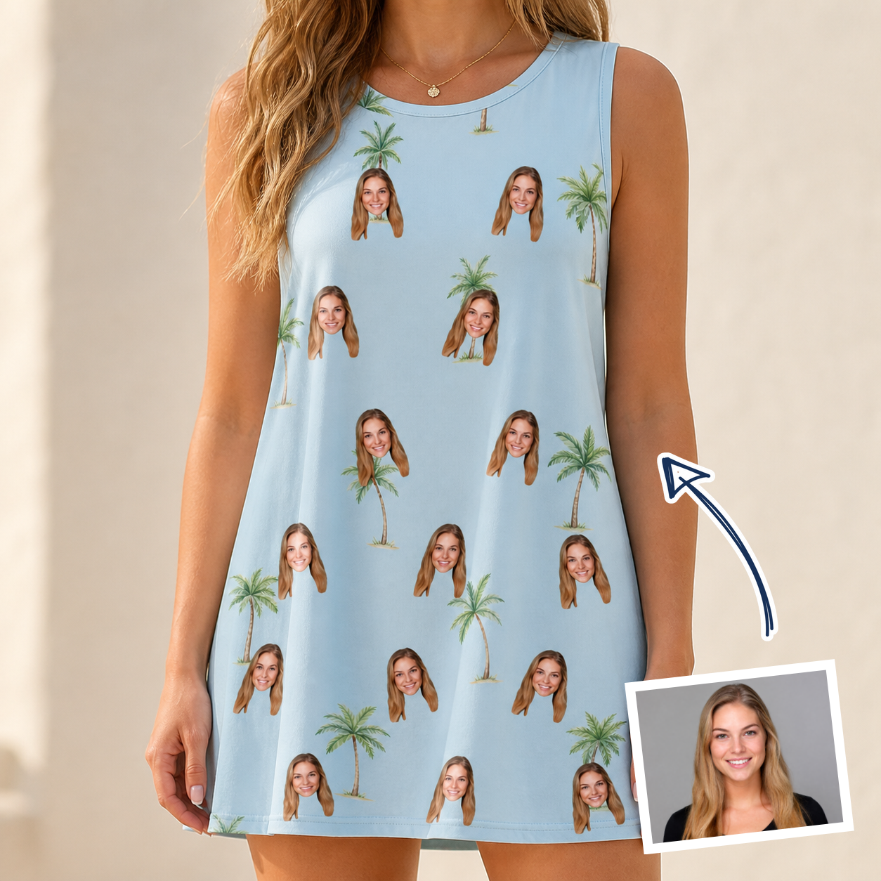 Woman wearing Women's Chrome Fronds Custom Face Tank Dress — custom faces printed all-over