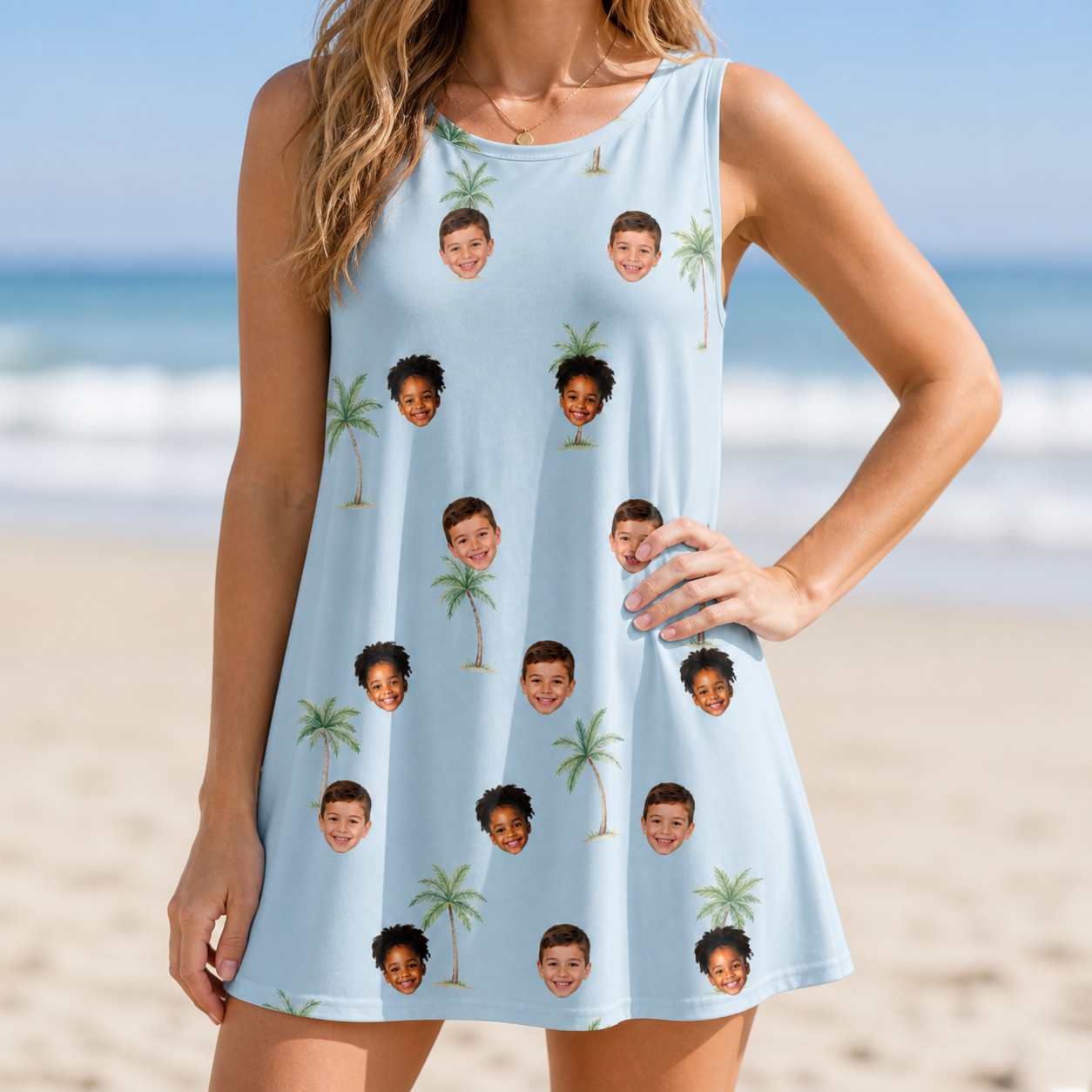 Model wearing Women's Chrome Fronds Custom Face Tank Dress printed with kids' faces