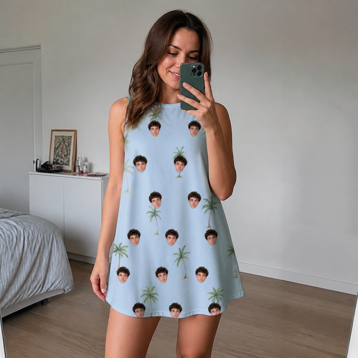 Real-life photo of someone wearing Women's Chrome Fronds Custom Face Tank Dress — custom faces printed all-over