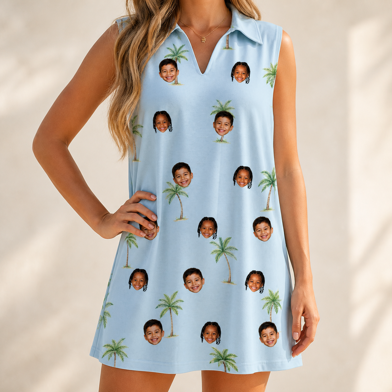 Model wearing Women's Chrome Fronds Custom Face V-Neck Dress printed with kids' faces