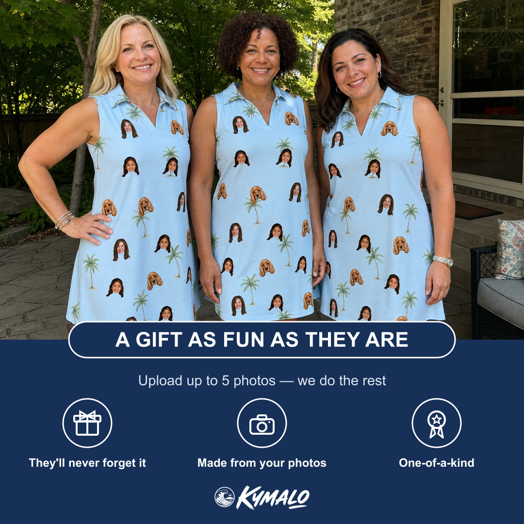 Friends in matching Women's Chrome Fronds Custom Face V-Neck Dress — a group gift photo