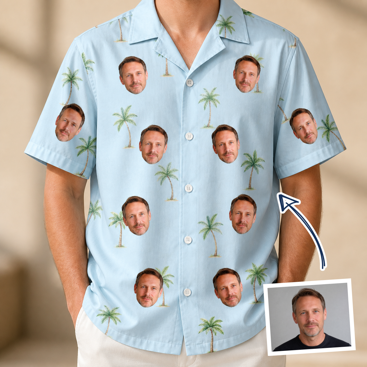 Man wearing Men's Chrome Fronds Custom Face Hawaiian Shirt — custom faces printed all-over