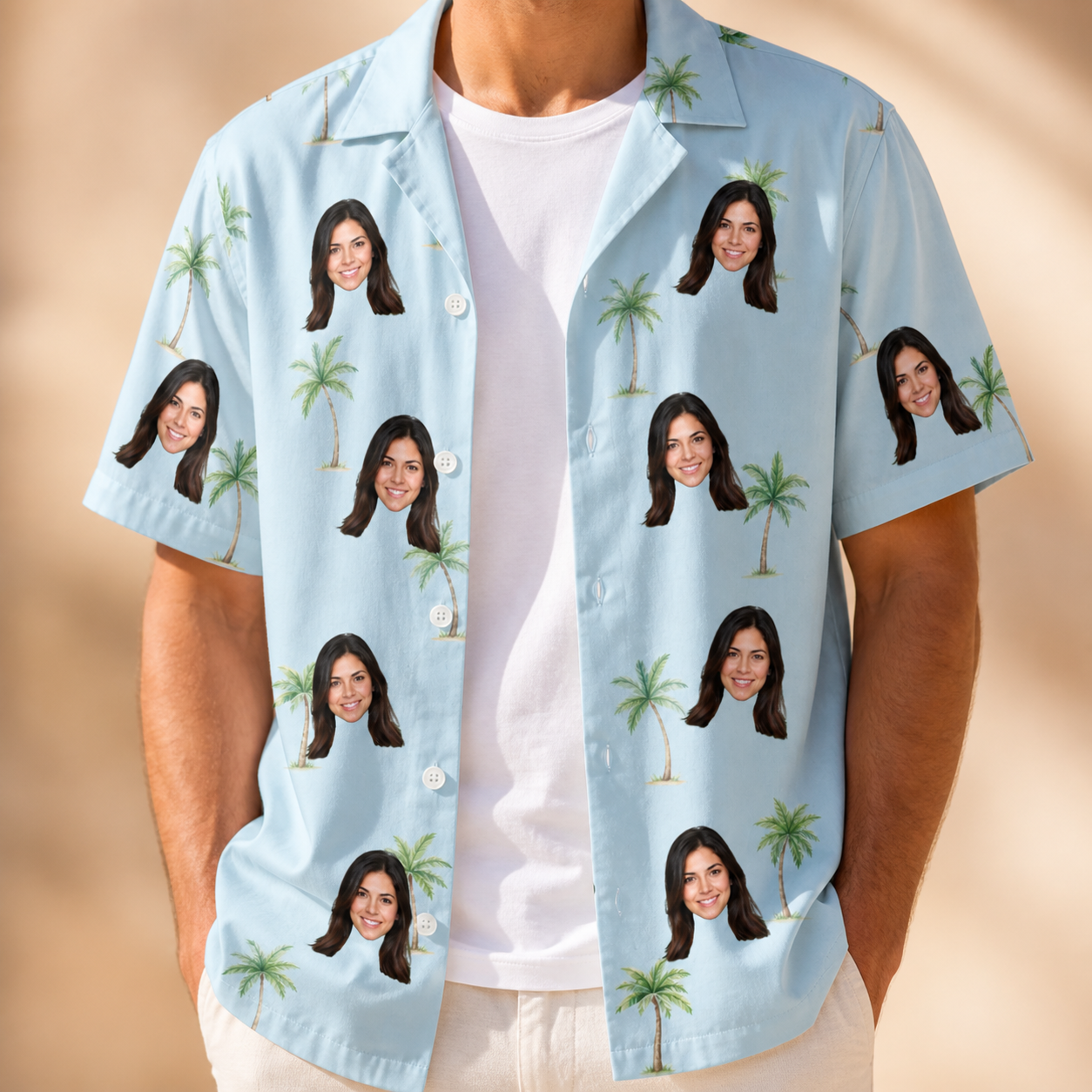 Man wearing Men's Chrome Fronds Custom Face Hawaiian Shirt open over a white tee