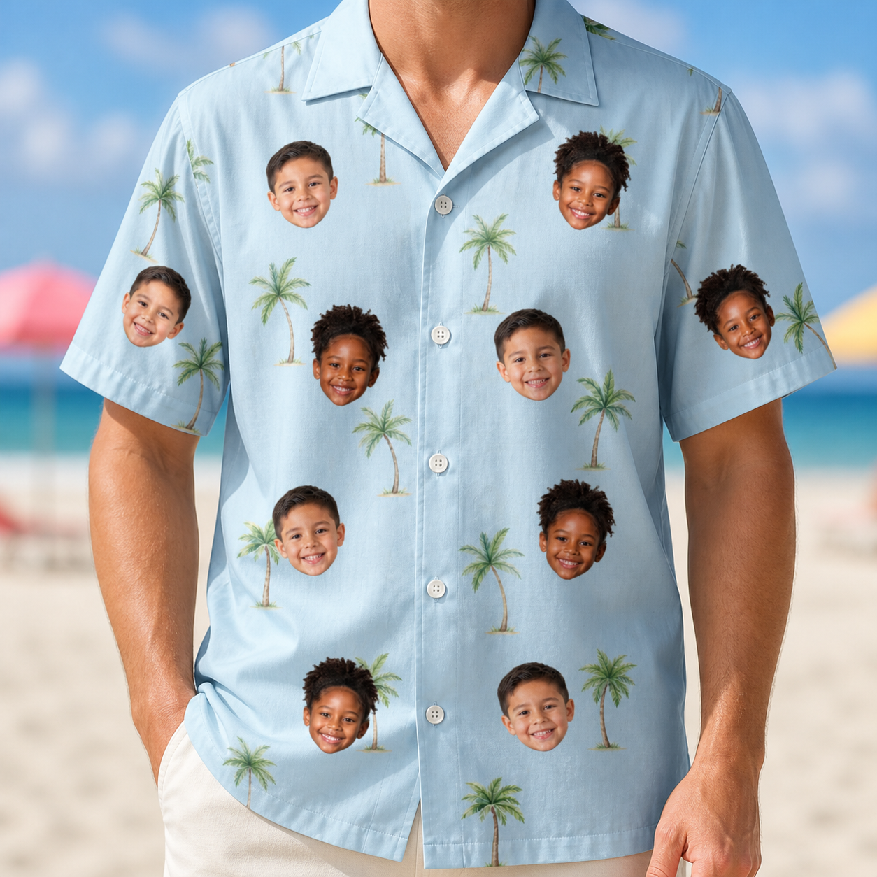 Model wearing Men's Chrome Fronds Custom Face Hawaiian Shirt printed with kids' faces