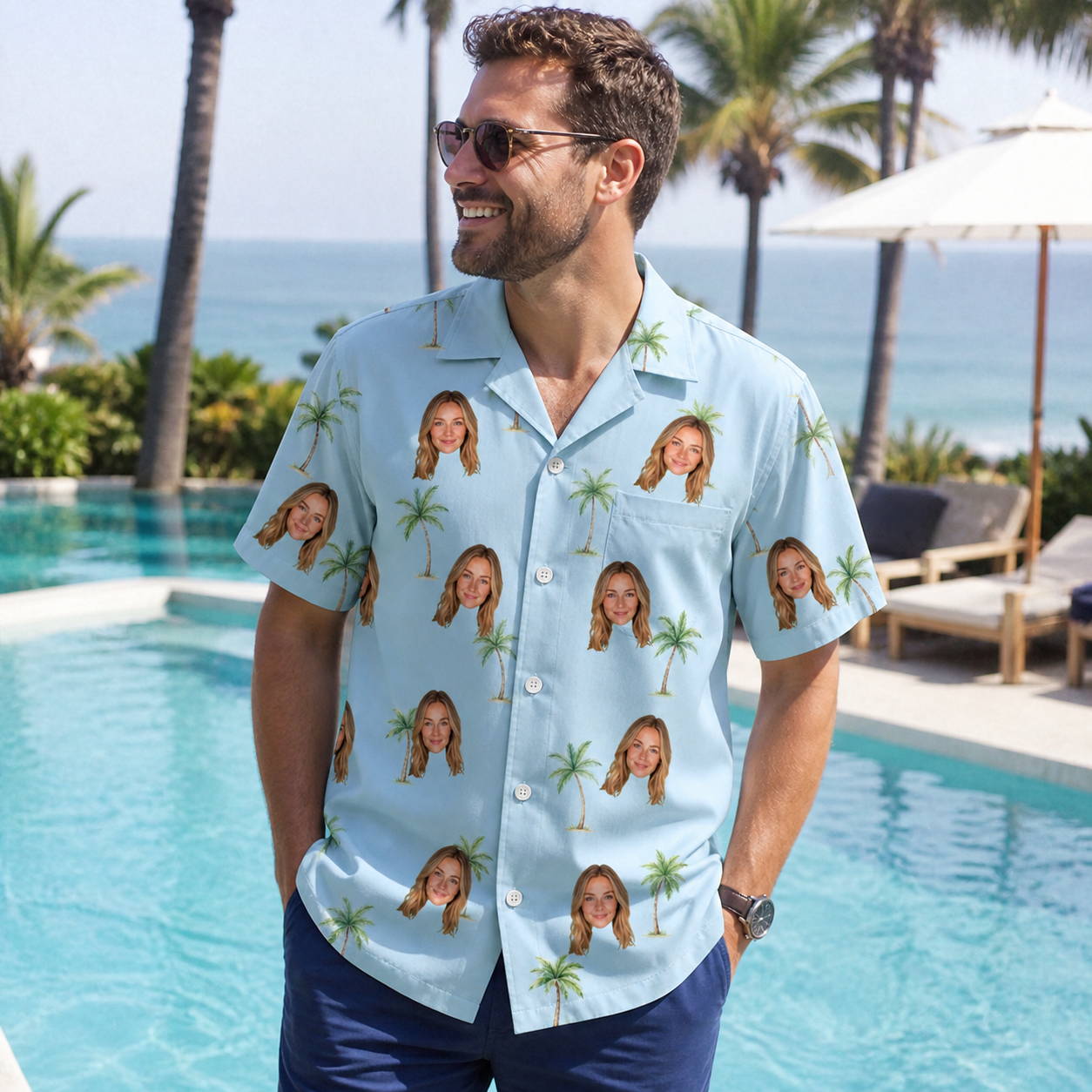 Real-life photo of someone wearing Men's Chrome Fronds Custom Face Hawaiian Shirt — custom faces printed all-over