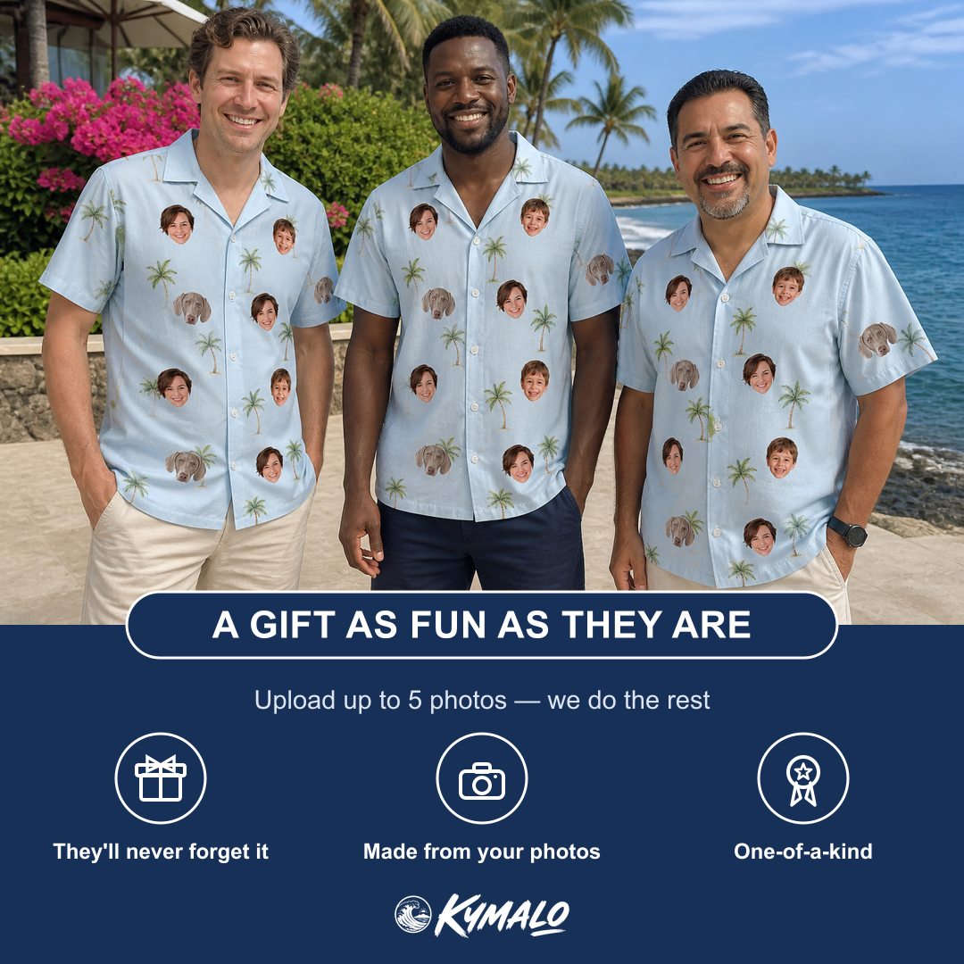 Friends in matching Men's Chrome Fronds Custom Face Hawaiian Shirt — a group gift photo