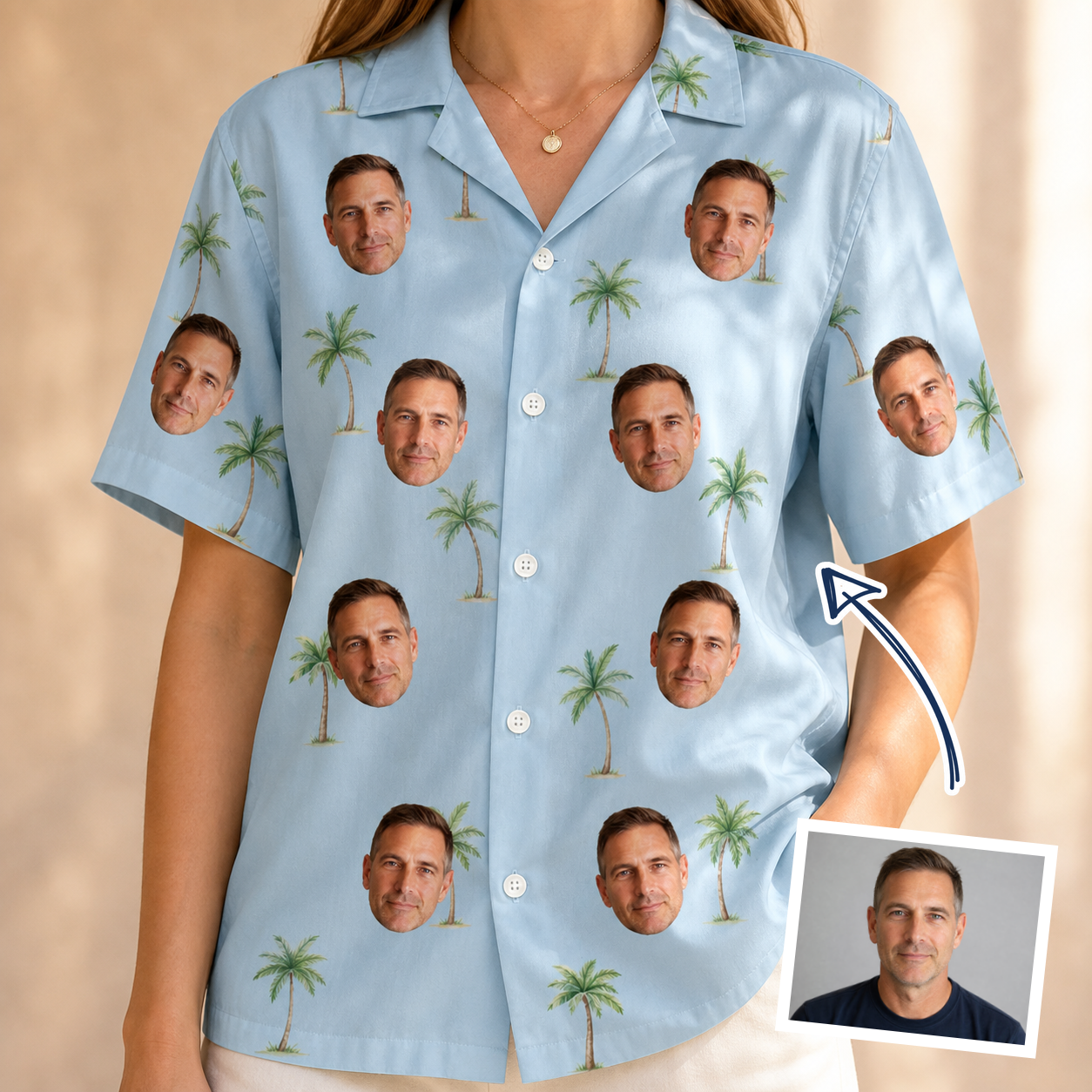 Woman wearing Women's Chrome Fronds Custom Face Hawaiian Shirt — custom faces printed all-over