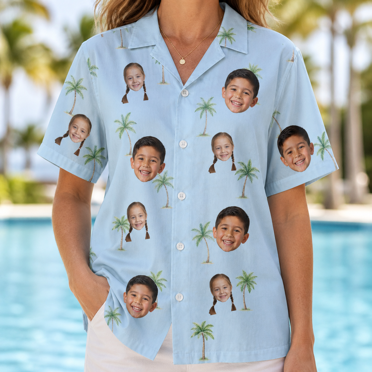 Model wearing Women's Chrome Fronds Custom Face Hawaiian Shirt printed with kids' faces