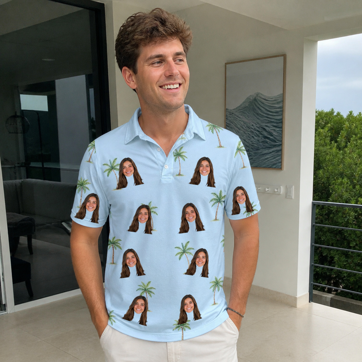Real-life photo of someone wearing Men's Chrome Fronds Custom Face Polo Shirt — custom faces printed all-over