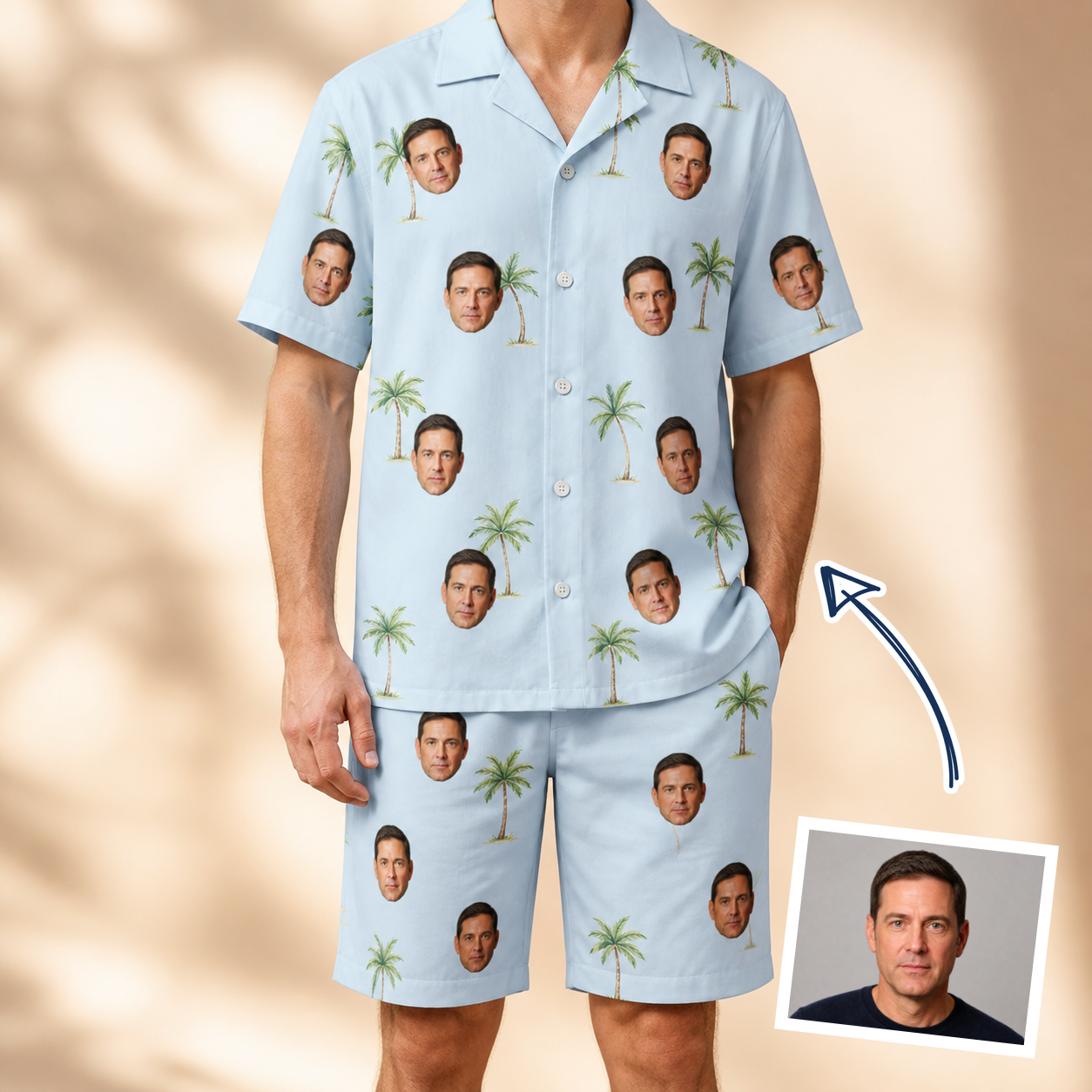 Man wearing Men's Chrome Fronds Custom Face Shirt & Shorts Set — custom faces printed all-over