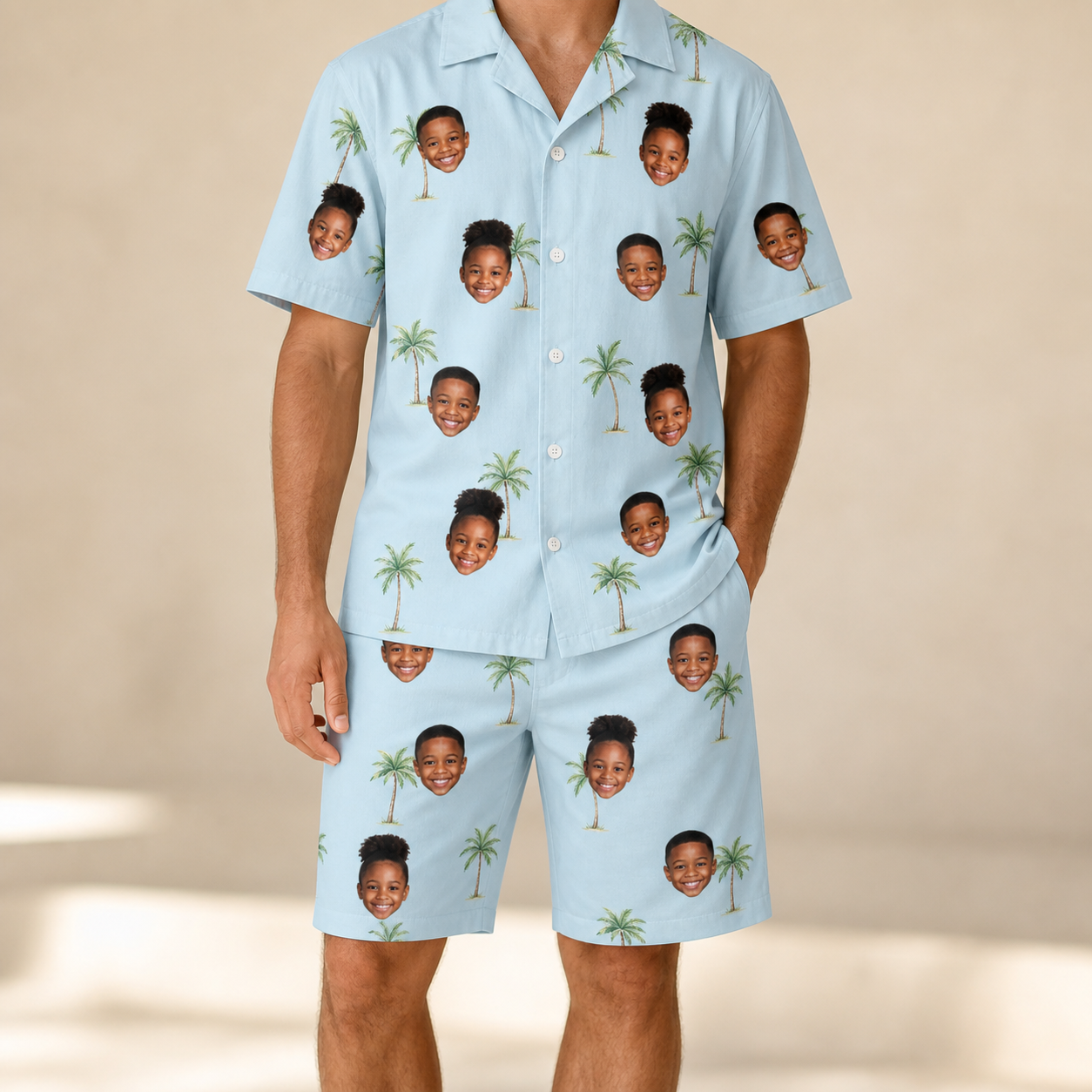 Model wearing Men's Chrome Fronds Custom Face Shirt & Shorts Set printed with kids' faces