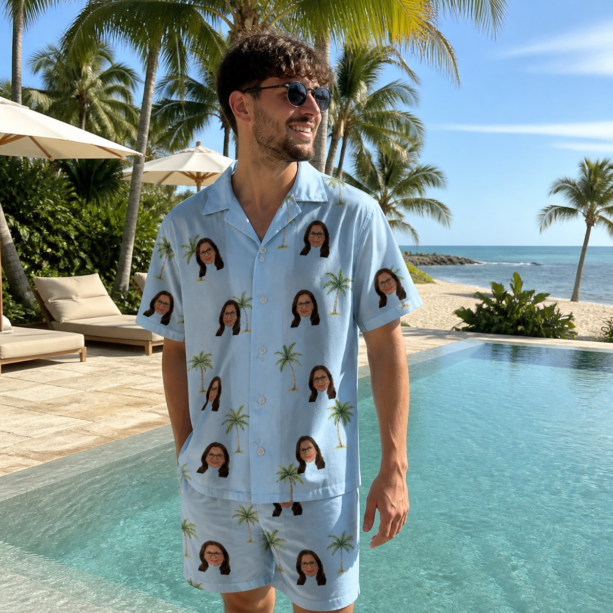 Real-life photo of someone wearing Men's Chrome Fronds Custom Face Shirt & Shorts Set — custom faces printed all-over