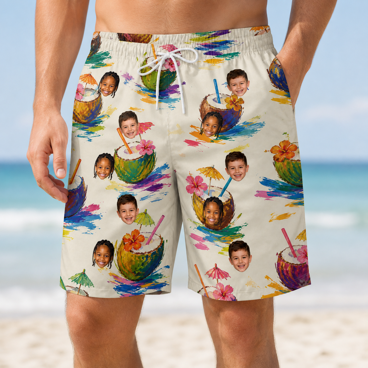 Model wearing Men's Sundown Swizzles Custom Face Beach Shorts printed with kids' faces