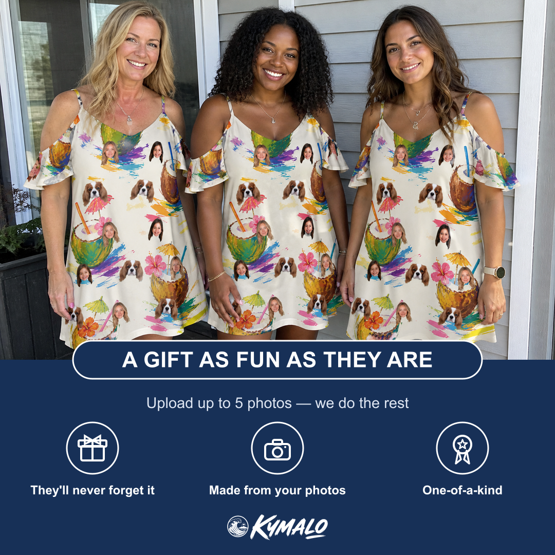 Friends in matching Women's Sundown Swizzles Custom Face Off-Shoulder Dress — a group gift photo
