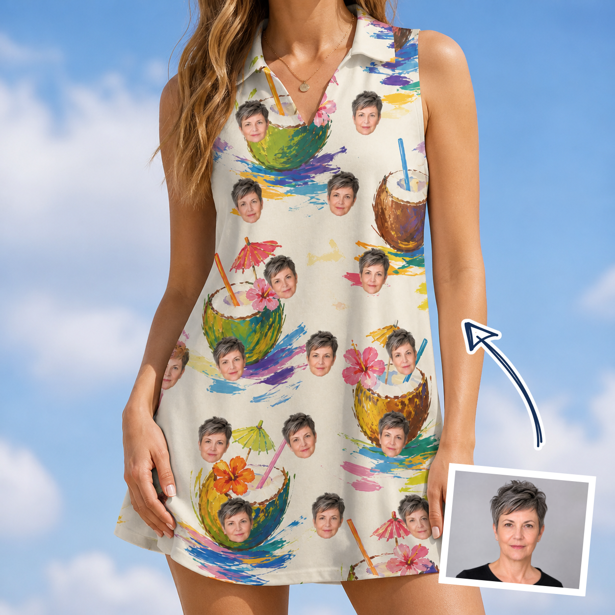 Woman wearing Women's Sundown Swizzles Custom Face V-Neck Dress — custom faces printed all-over