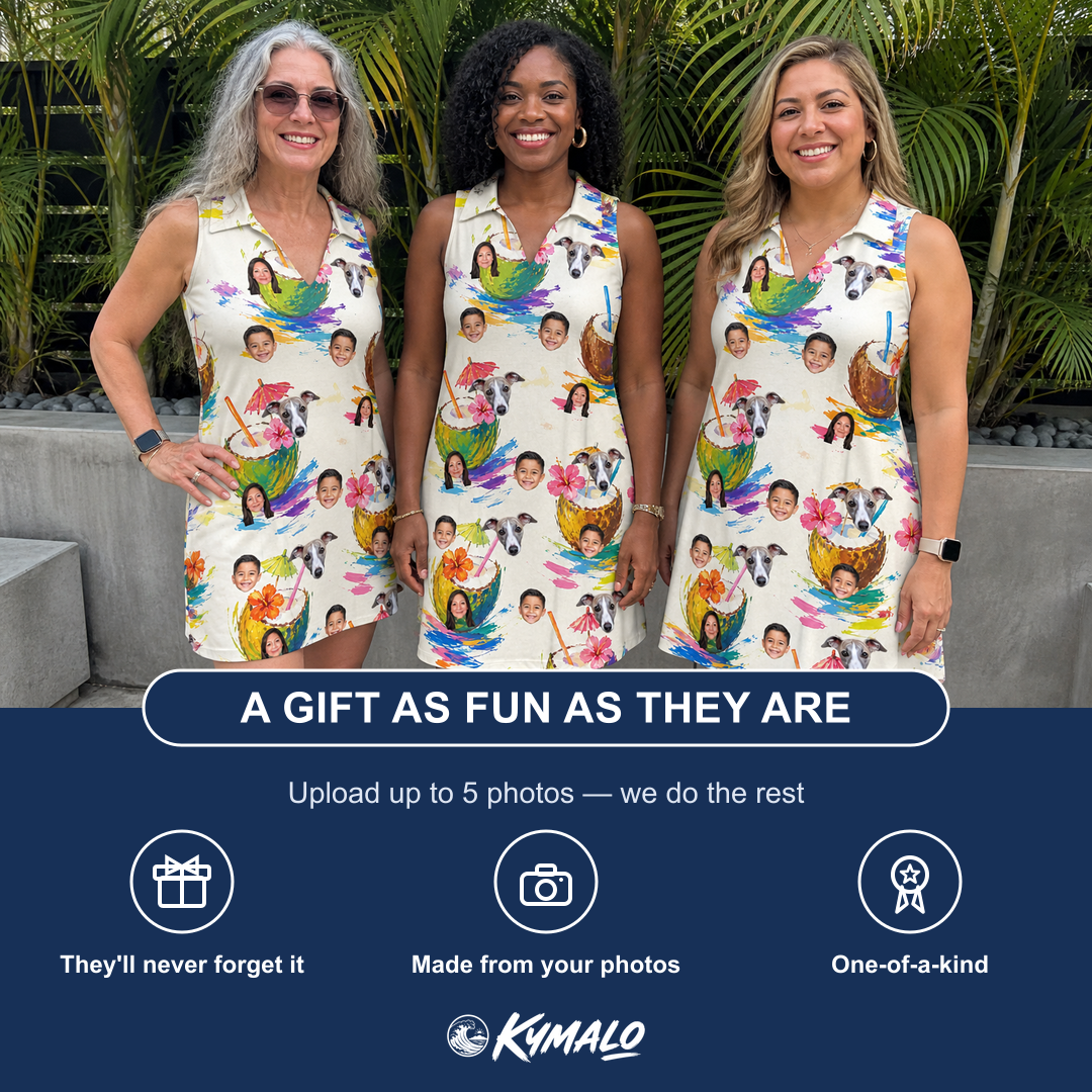 Friends in matching Women's Sundown Swizzles Custom Face V-Neck Dress — a group gift photo