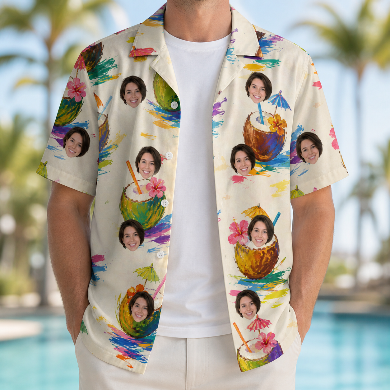 Man wearing Men's Sundown Swizzles Custom Face Hawaiian Shirt open over a white tee