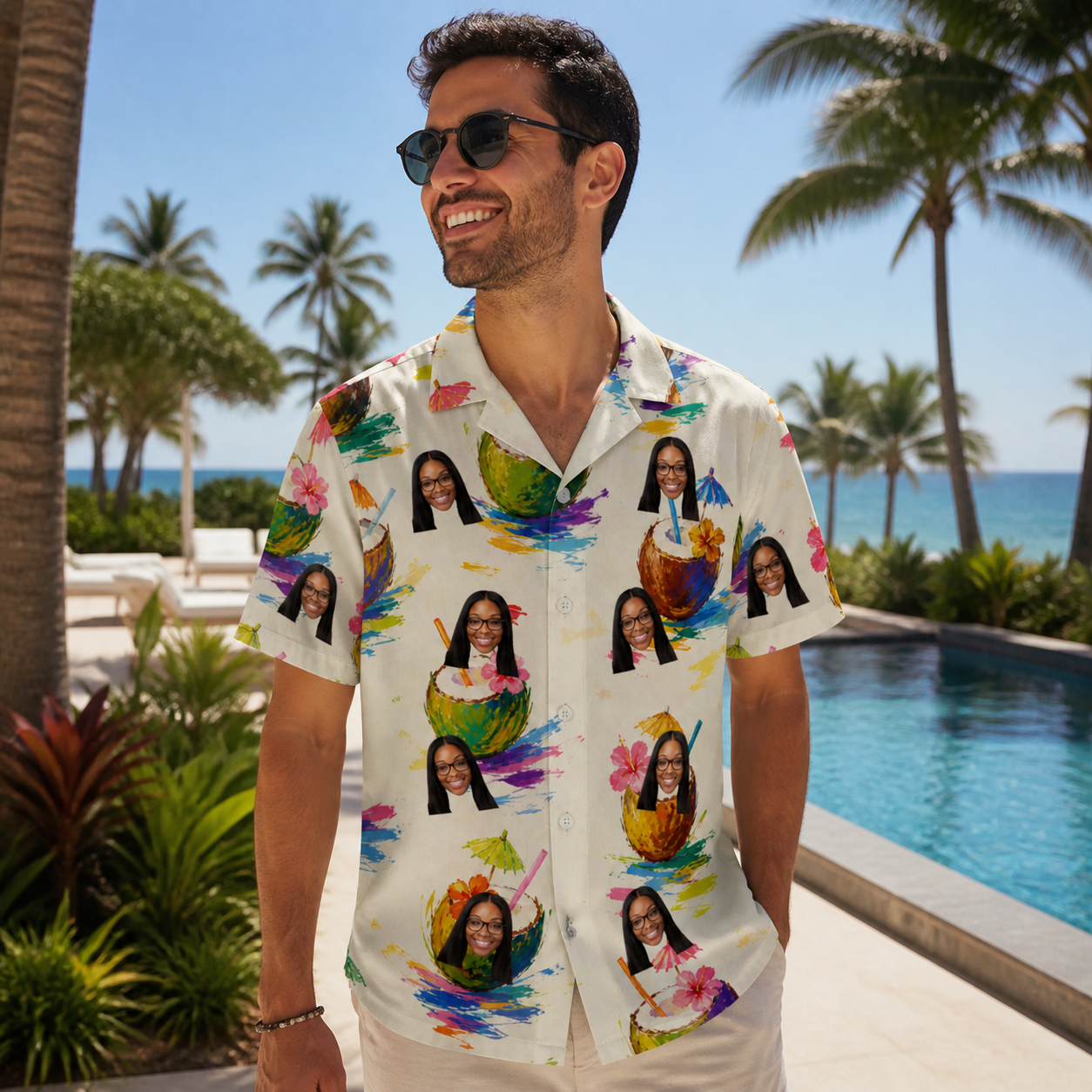 Real-life photo of someone wearing Men's Sundown Swizzles Custom Face Hawaiian Shirt — custom faces printed all-over
