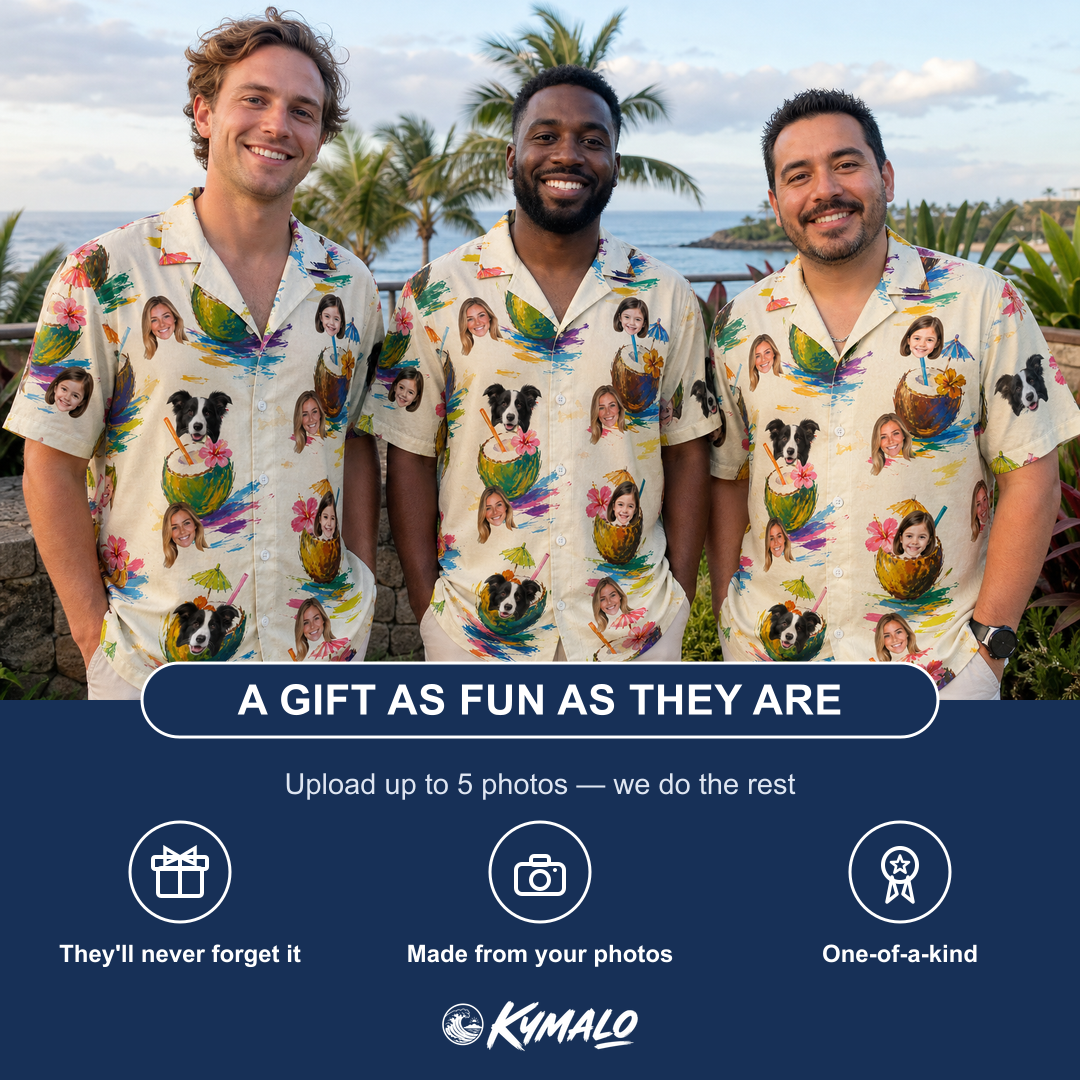 Friends in matching Men's Sundown Swizzles Custom Face Hawaiian Shirt — a group gift photo