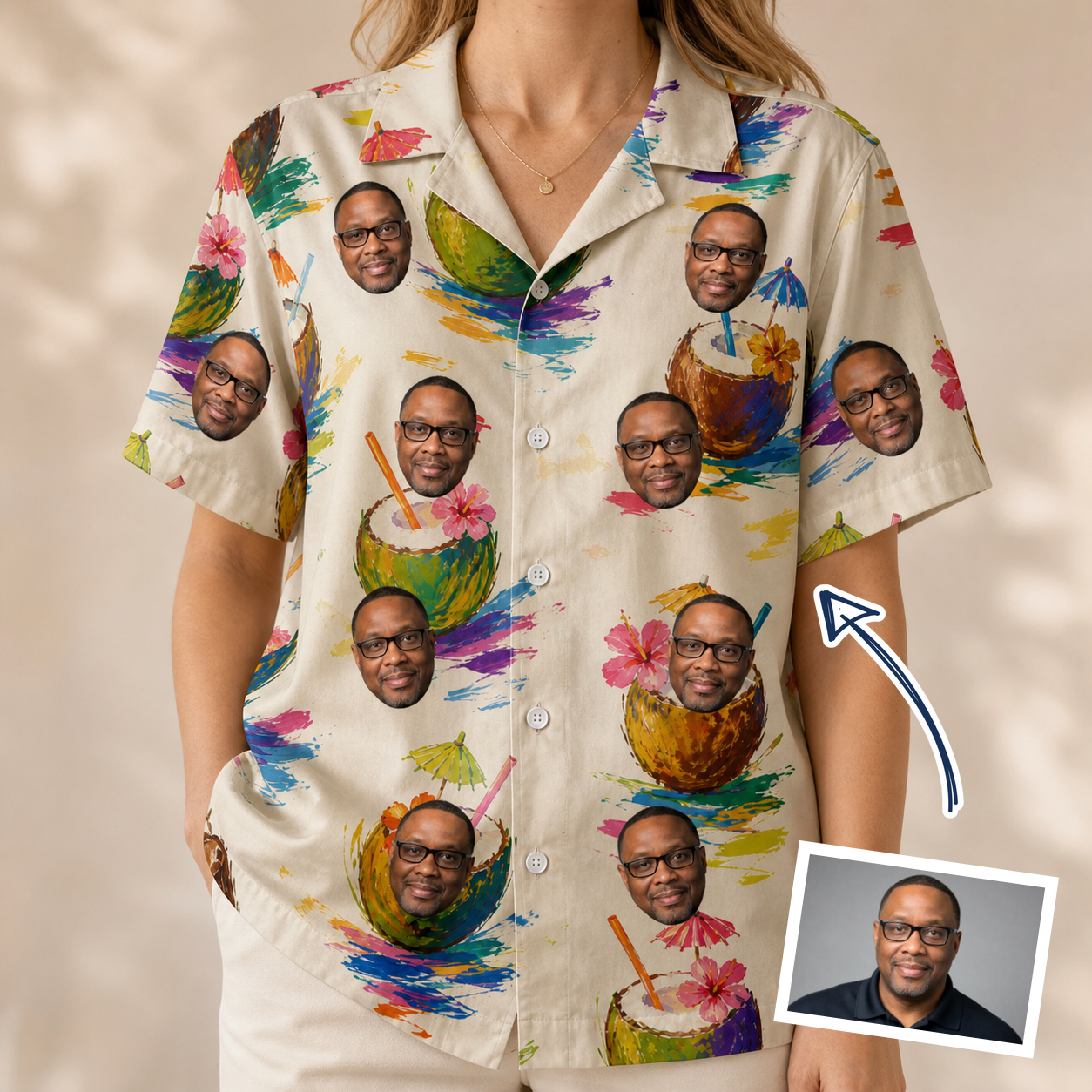 Woman wearing Women's Sundown Swizzles Custom Face Hawaiian Shirt — custom faces printed all-over