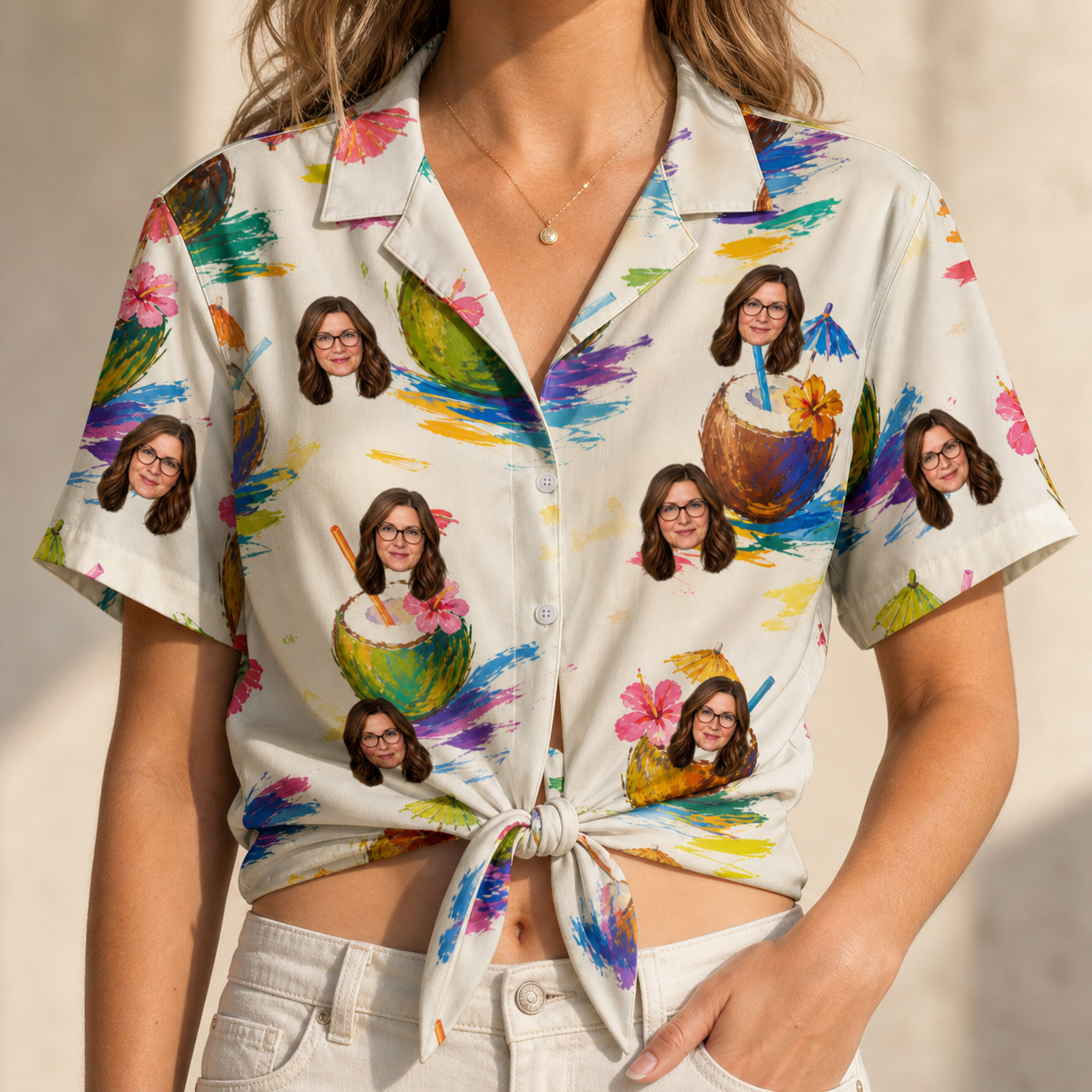 Woman wearing Women's Sundown Swizzles Custom Face Hawaiian Shirt tied at the waist