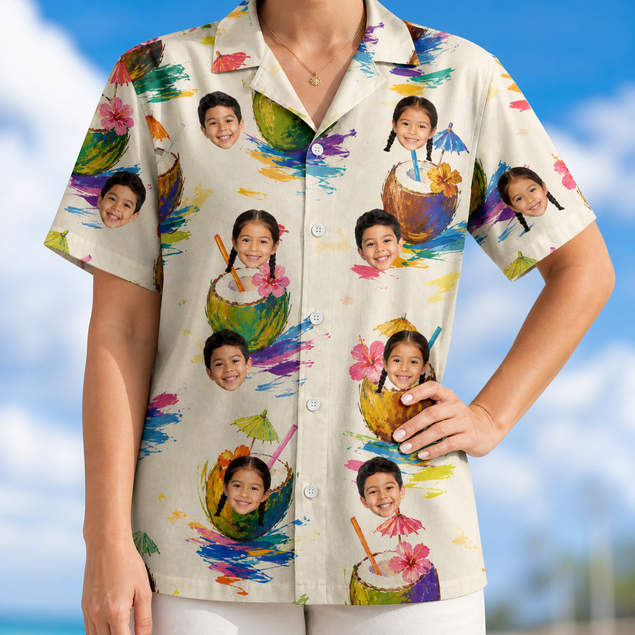 Model wearing Women's Sundown Swizzles Custom Face Hawaiian Shirt printed with kids' faces