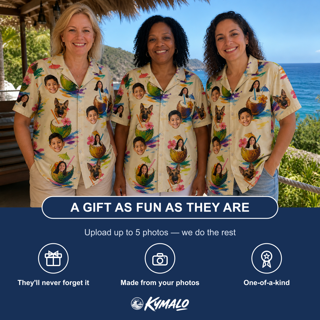 Friends in matching Women's Sundown Swizzles Custom Face Hawaiian Shirt — a group gift photo