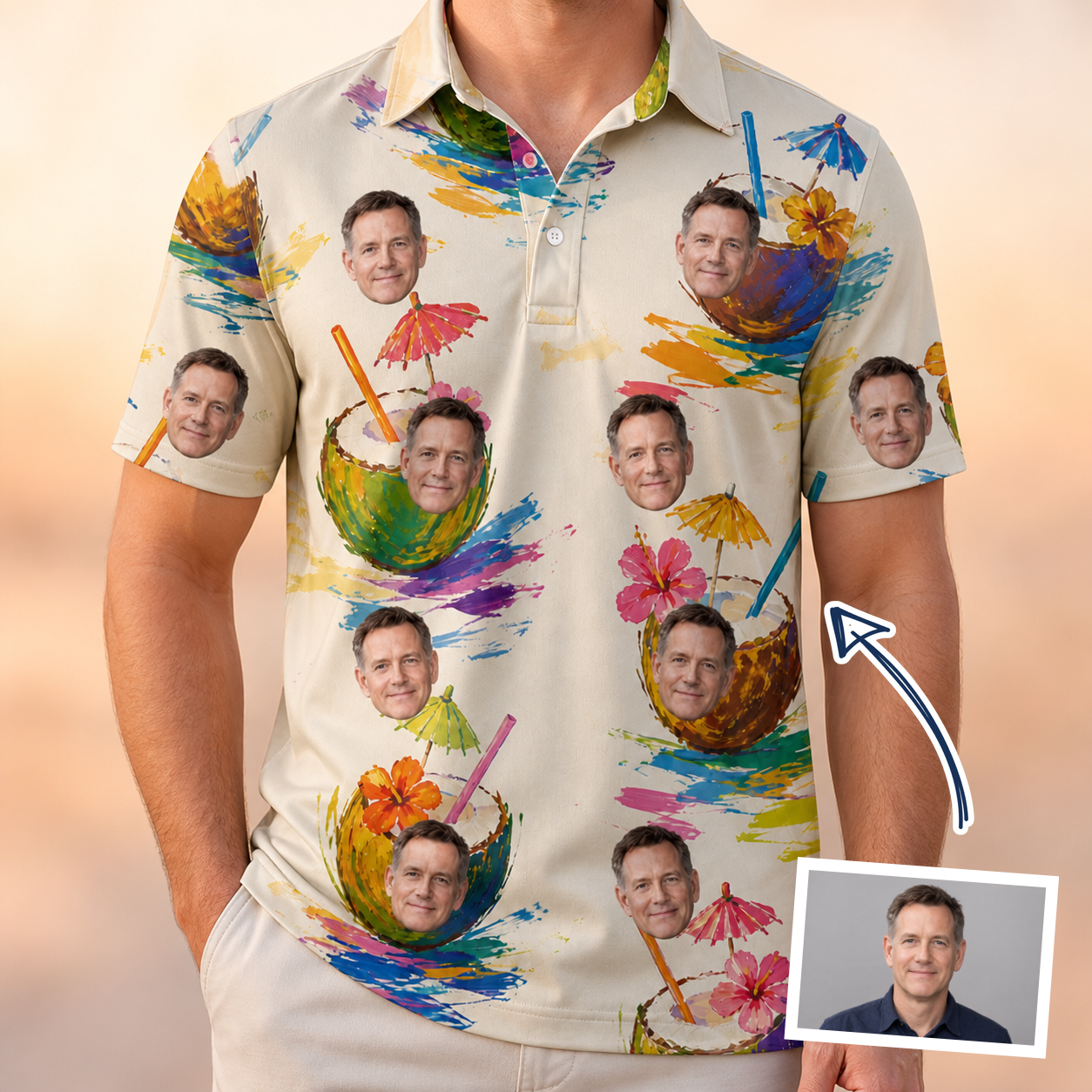 Man wearing Men's Sundown Swizzles Custom Face Polo Shirt — custom faces printed all-over