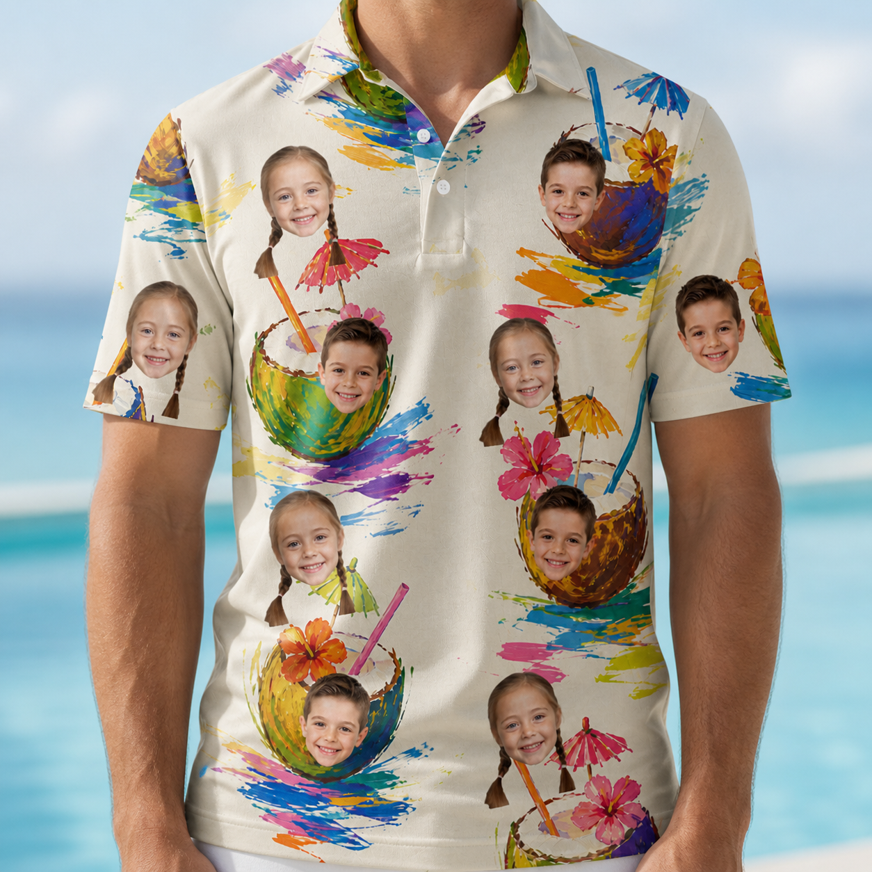 Model wearing Men's Sundown Swizzles Custom Face Polo Shirt printed with kids' faces