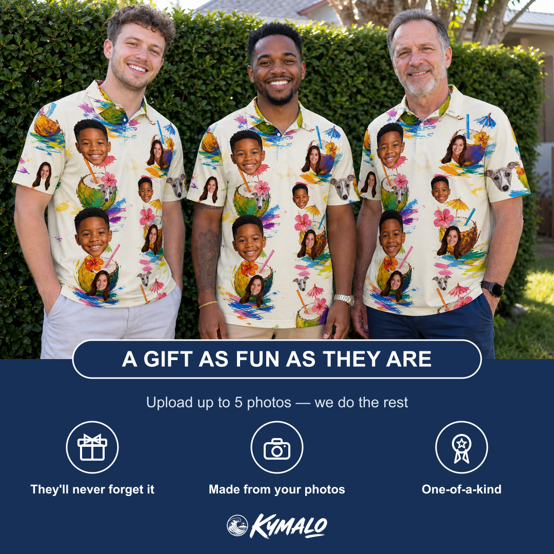 Friends in matching Men's Sundown Swizzles Custom Face Polo Shirt — a group gift photo