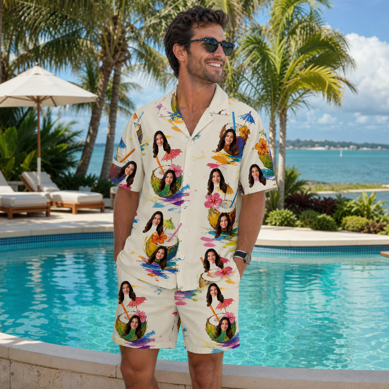 Real-life photo of someone wearing Men's Sundown Swizzles Custom Face Shirt & Shorts Set — custom faces printed all-over