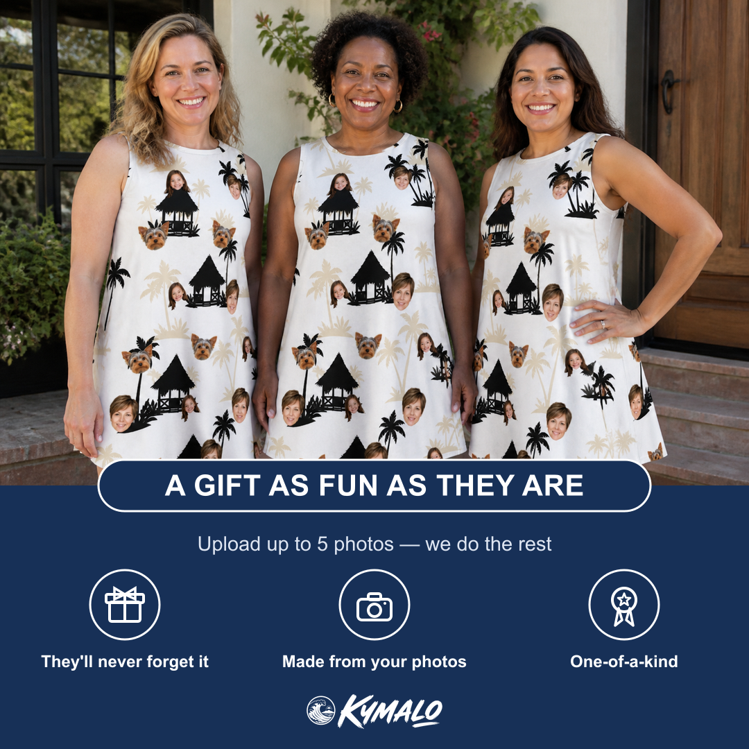 Friends in matching Women's Thatched Timewarp Custom Face Tank Dress — a group gift photo