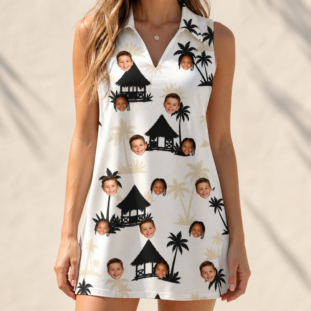 Model wearing Women's Thatched Timewarp Custom Face V-Neck Dress printed with kids' faces
