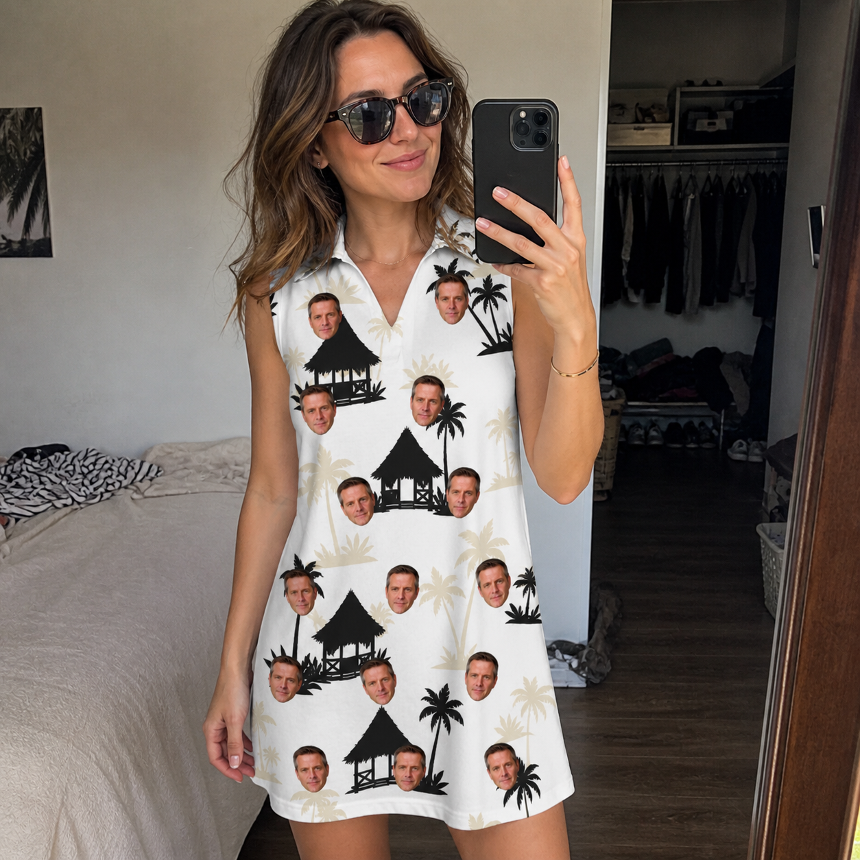 Real-life photo of someone wearing Women's Thatched Timewarp Custom Face V-Neck Dress — custom faces printed all-over