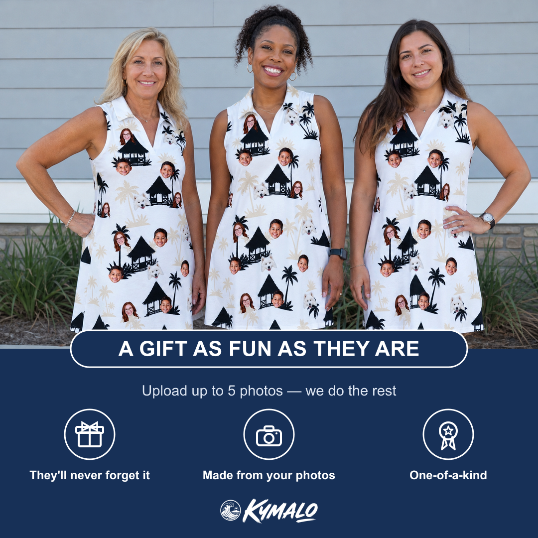 Friends in matching Women's Thatched Timewarp Custom Face V-Neck Dress — a group gift photo