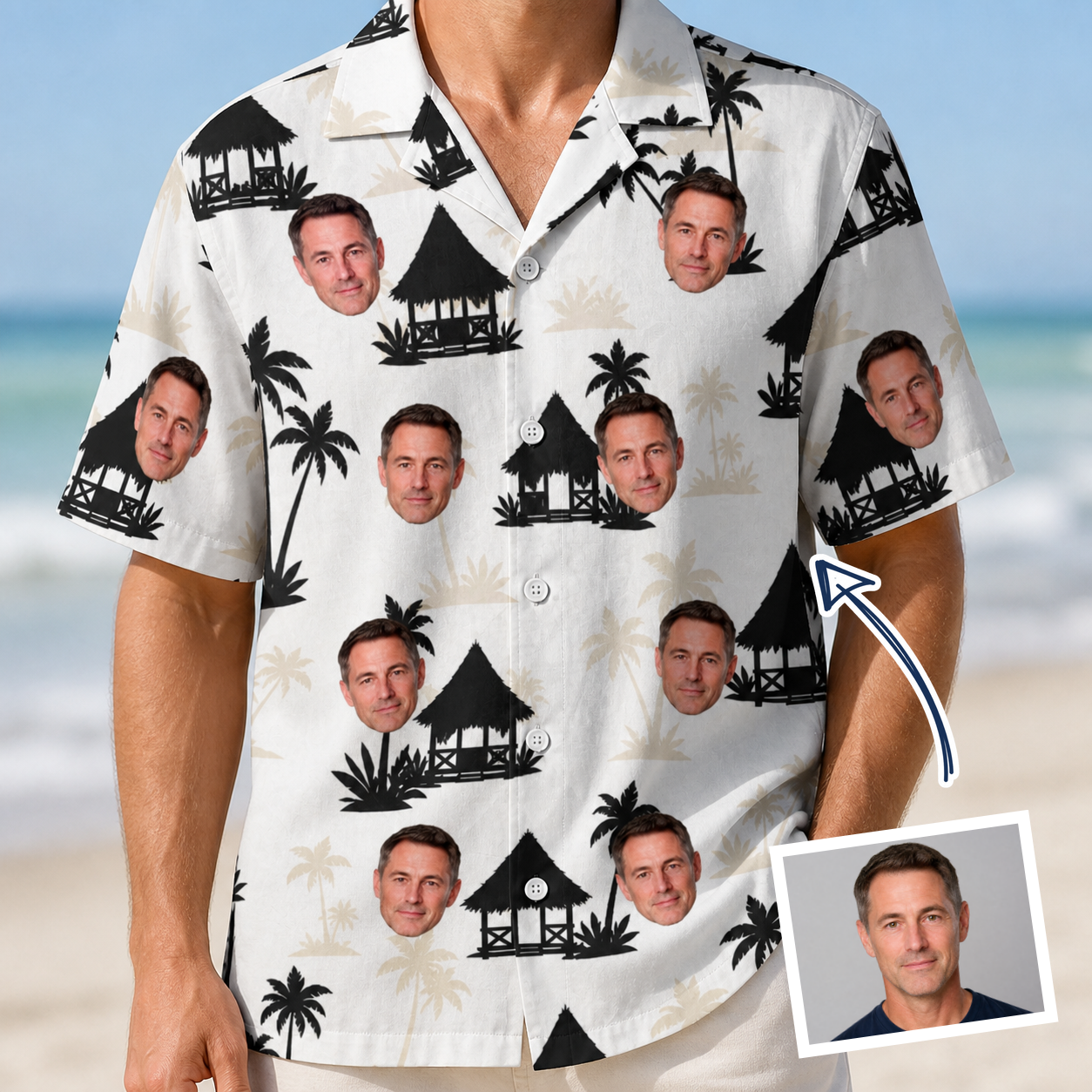 Man wearing Men's Thatched Timewarp Custom Face Hawaiian Shirt — custom faces printed all-over