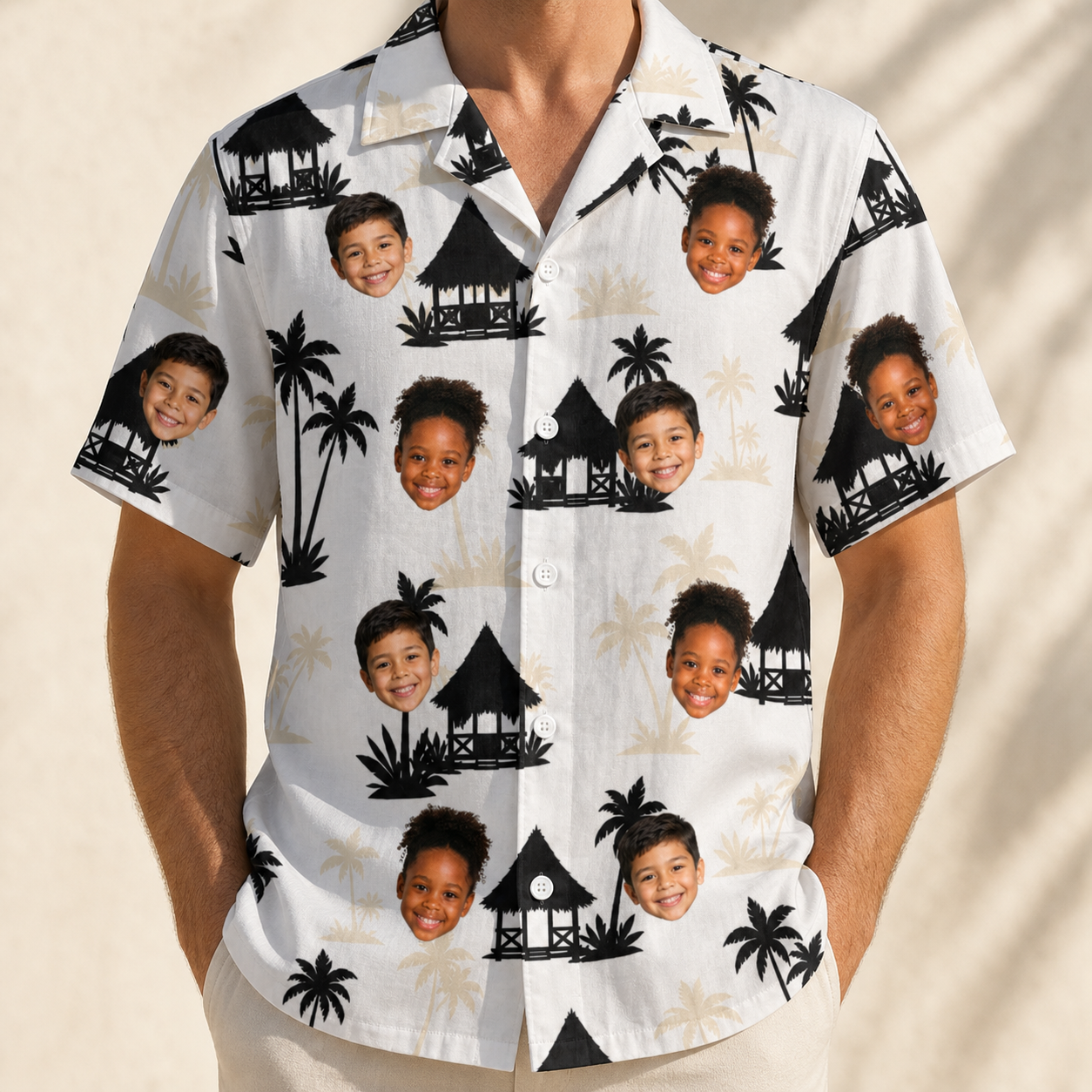 Model wearing Men's Thatched Timewarp Custom Face Hawaiian Shirt printed with kids' faces
