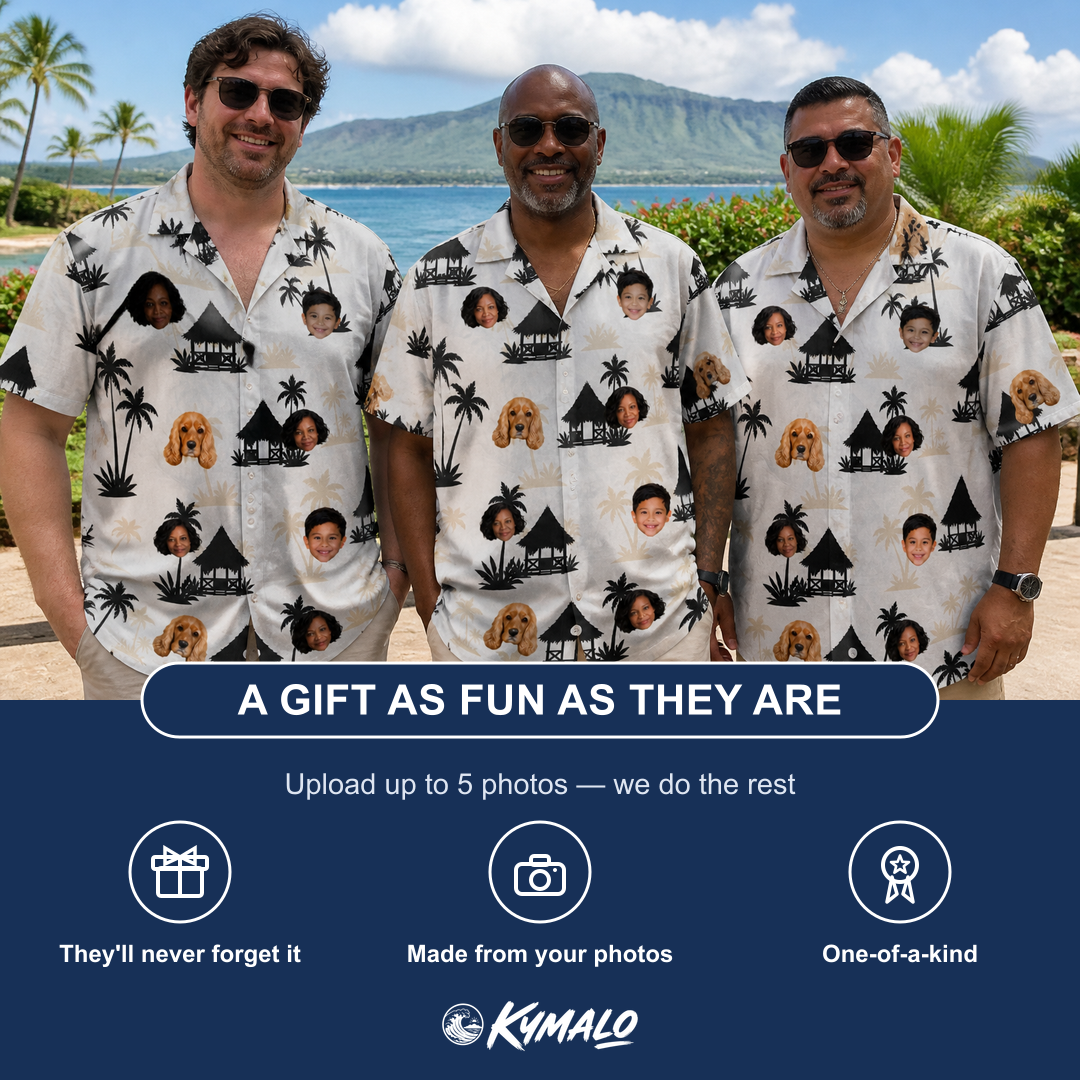 Friends in matching Men's Thatched Timewarp Custom Face Hawaiian Shirt — a group gift photo