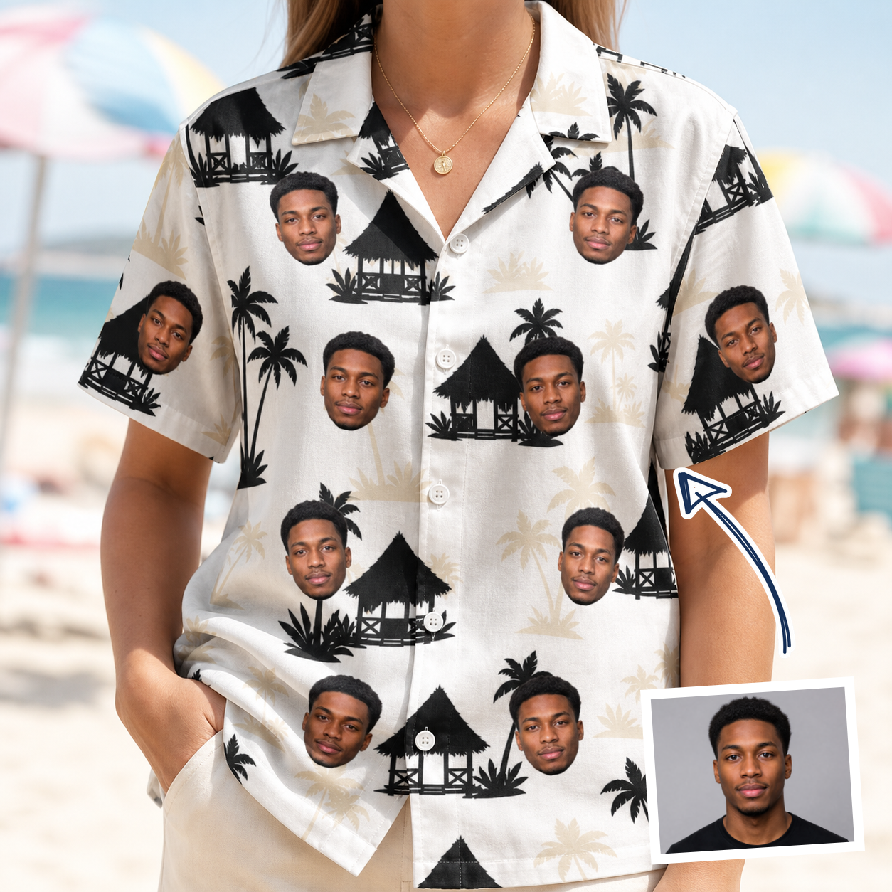 Woman wearing Women's Thatched Timewarp Custom Face Hawaiian Shirt — custom faces printed all-over